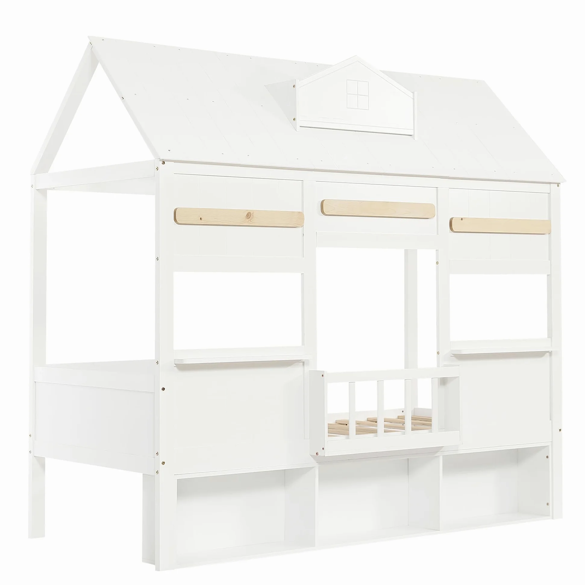 Letto Casetta per Bambini 90x200cm con Libreria e Finestre, Strutture letto in Legno di Pino, Rete a doghe(Nessun materasso