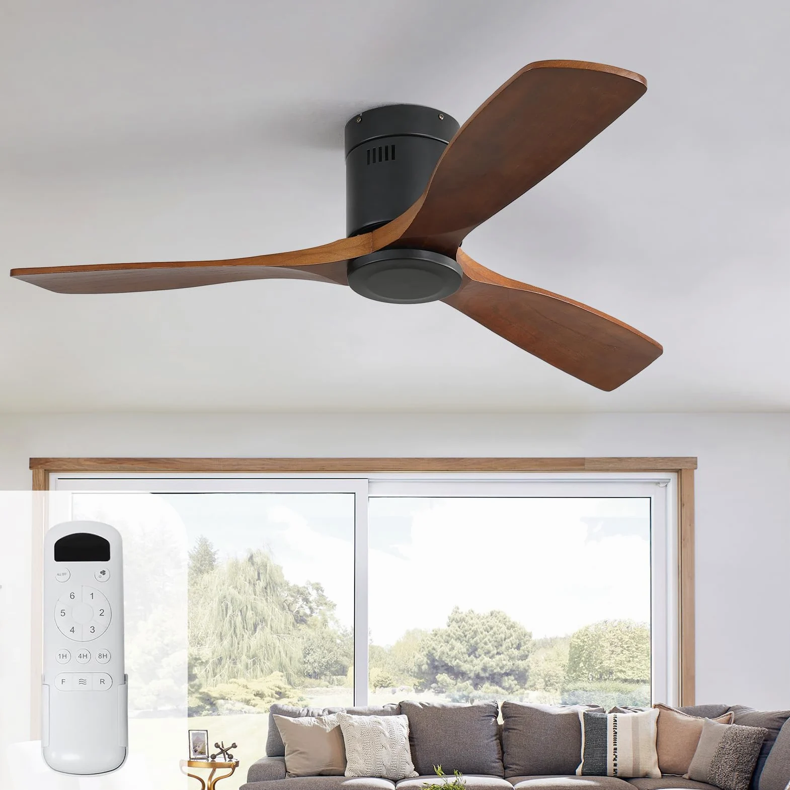Sofucor 132cm Ventilatore da Soffitto in Legno Massiccio, Telecomando, 6 Velocità, Timer, Motore DC Silenzioso Ventilatore Soffitto per Soggiorno, Cucina, Camera da Letto