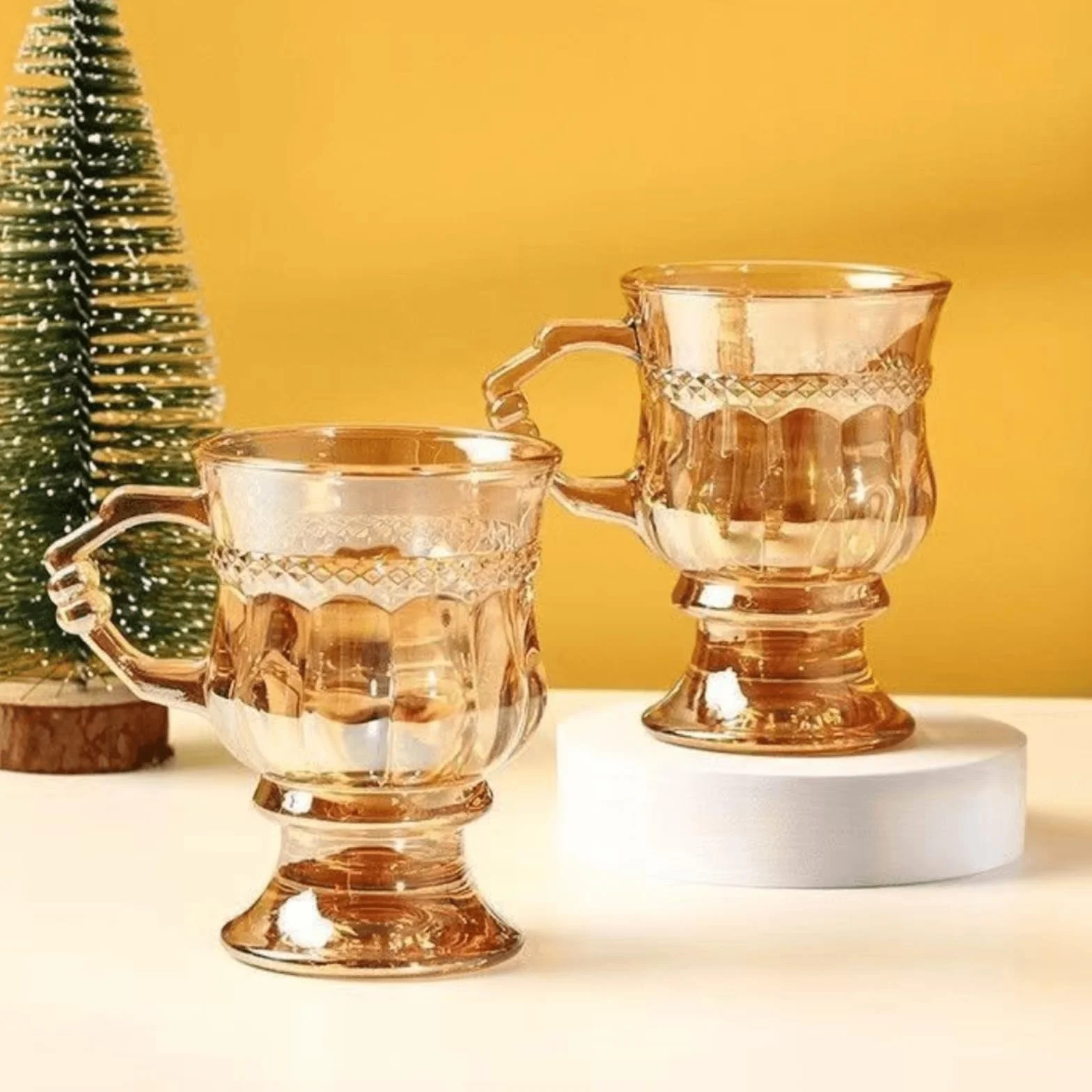 Tazze da caffè irlandesi vintage, in vetro trasparente con manico, base con piedistallo, resistente al calore, tazze resistenti per cioccolata calda, tè, caffè (beige, 2pcs)