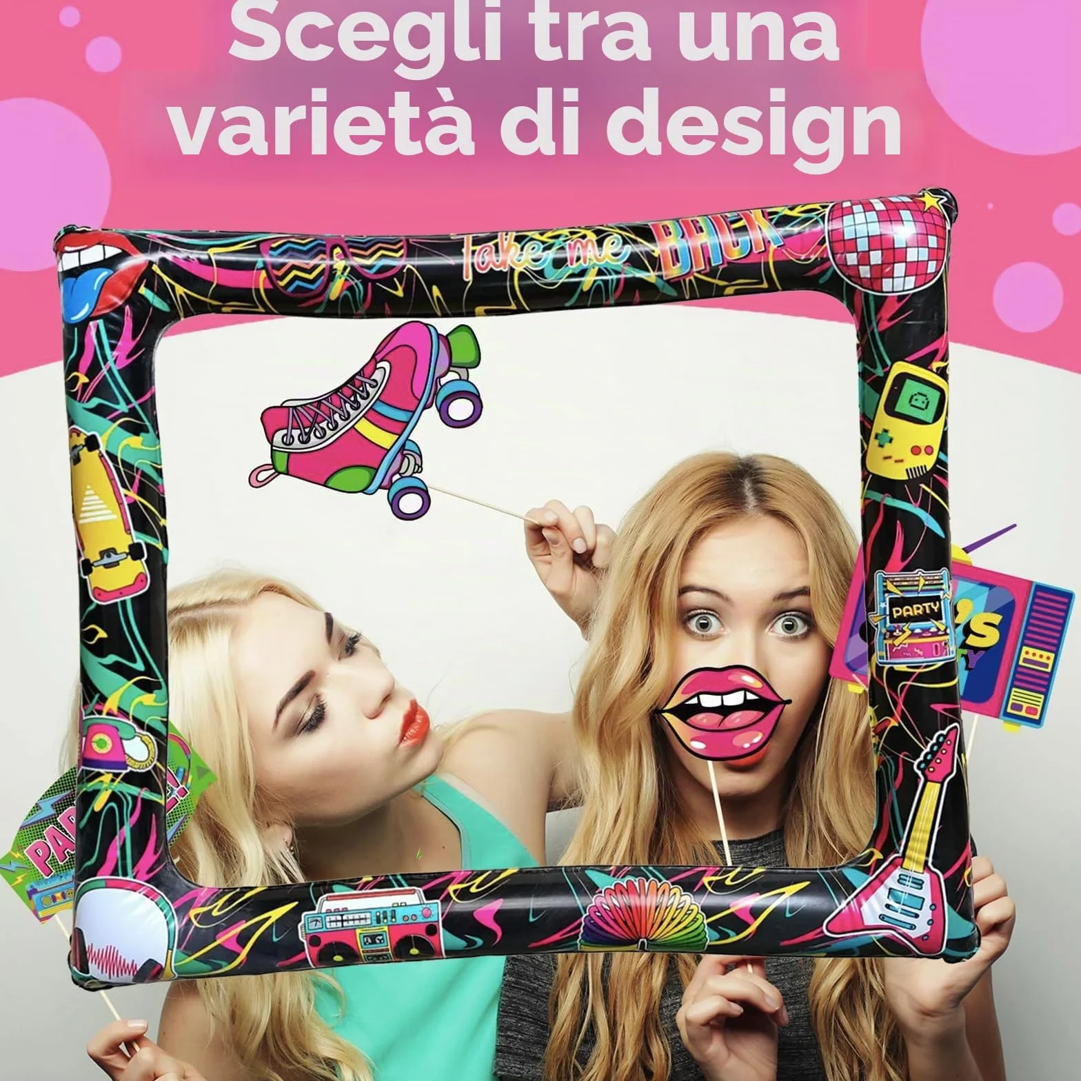 Cabina Fotografica Gonfiabile per Festa Anni '80 con 40 Cornici per Selfie, Accessori per Giochi e Oggetti di Scena Giganti per Discoteca