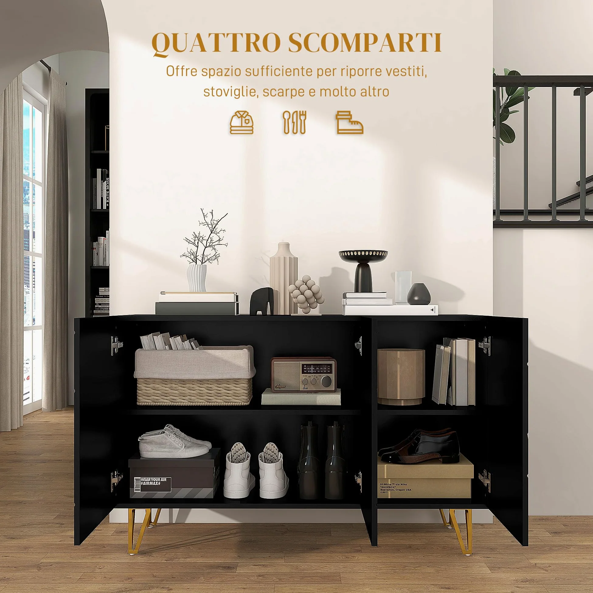 HOMCOM Mobile Contenitore con 2 Armadietti e Ripiano Regolabile a 3 Livelli, Credenza Moderna con Gambe in Metallo, 120x40x75 cm, Nero e Oro
