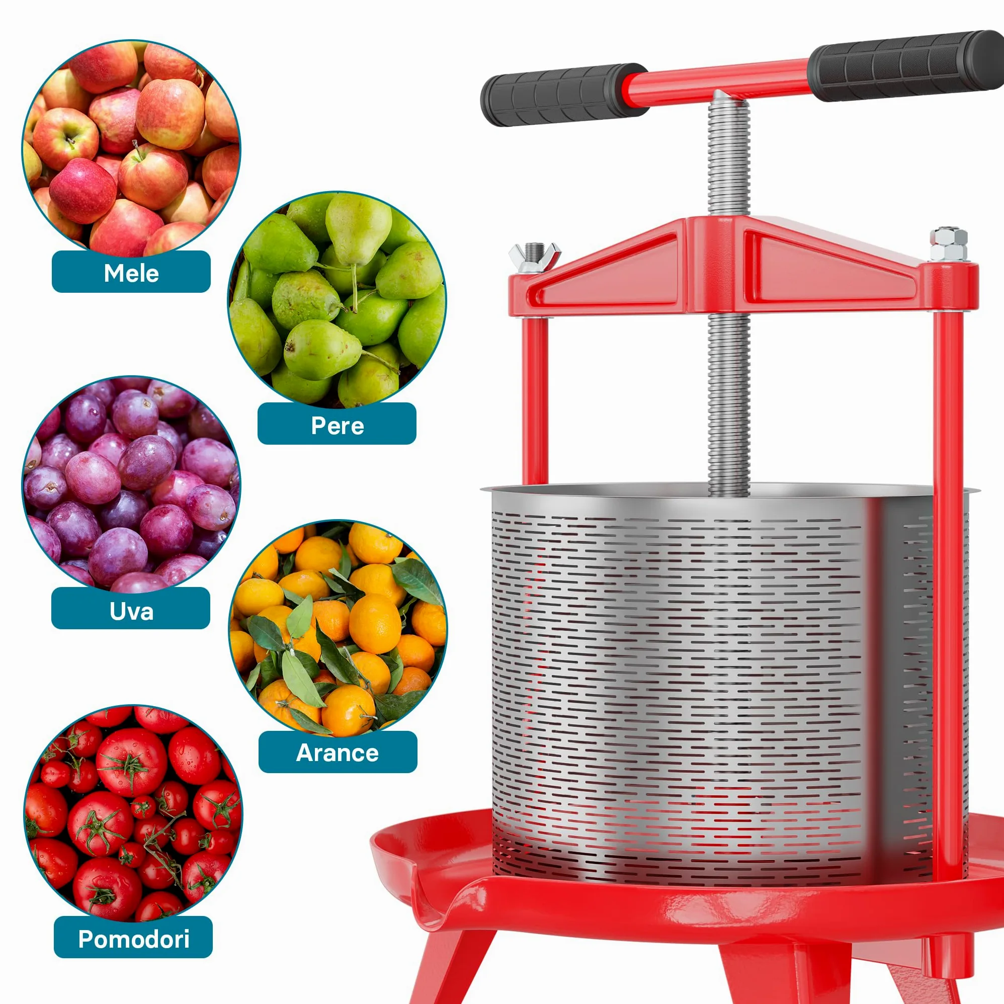 Wiltec Torchio Frutta da 14 Litri, cestello in Acciaio Inox, con treppiede e beccuccio