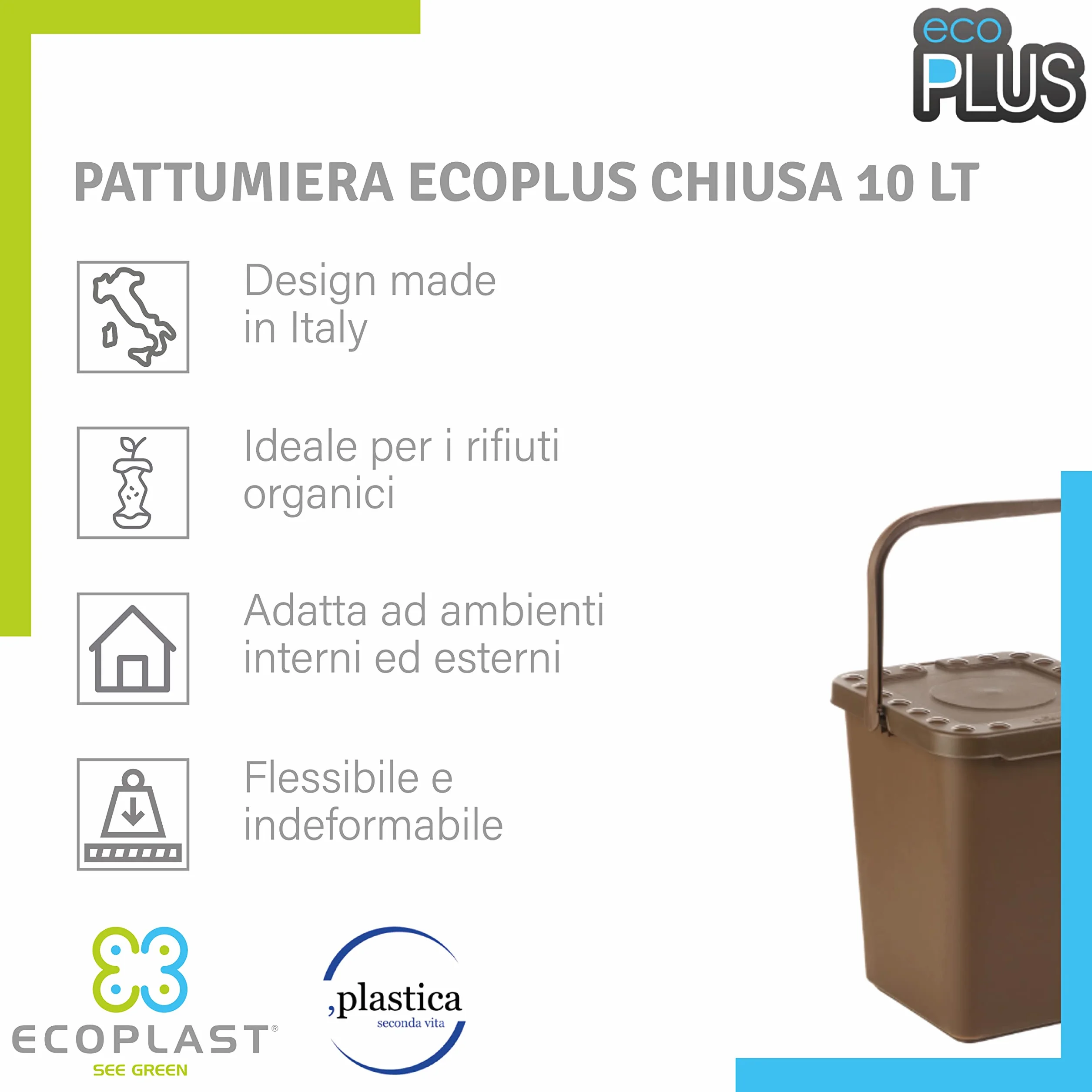 Ecoplast Pattumiera per Raccolta Differenziata, Apertura a Libro, Flessibile e Indeformabile, Resiste a tutte le Temperature, Interno ed Esterno, Oltre 80% Plastica Riciclata, Made in Italy, Marrone