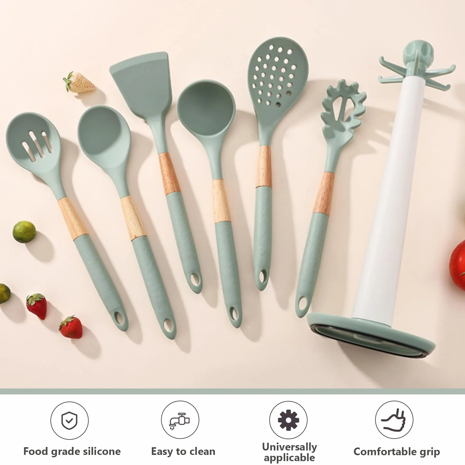 AVEKI Set di utensili da cucina in silicone 7 pezzi con supporto girevole resistenti al calore verde