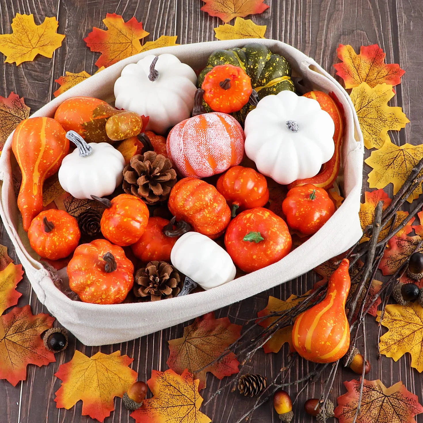 Benjia 102 Pezzi Set Decorazioni Zucche Autunno Artificiali Foglie Acero Pigne Ghiande Halloween Ringraziamento