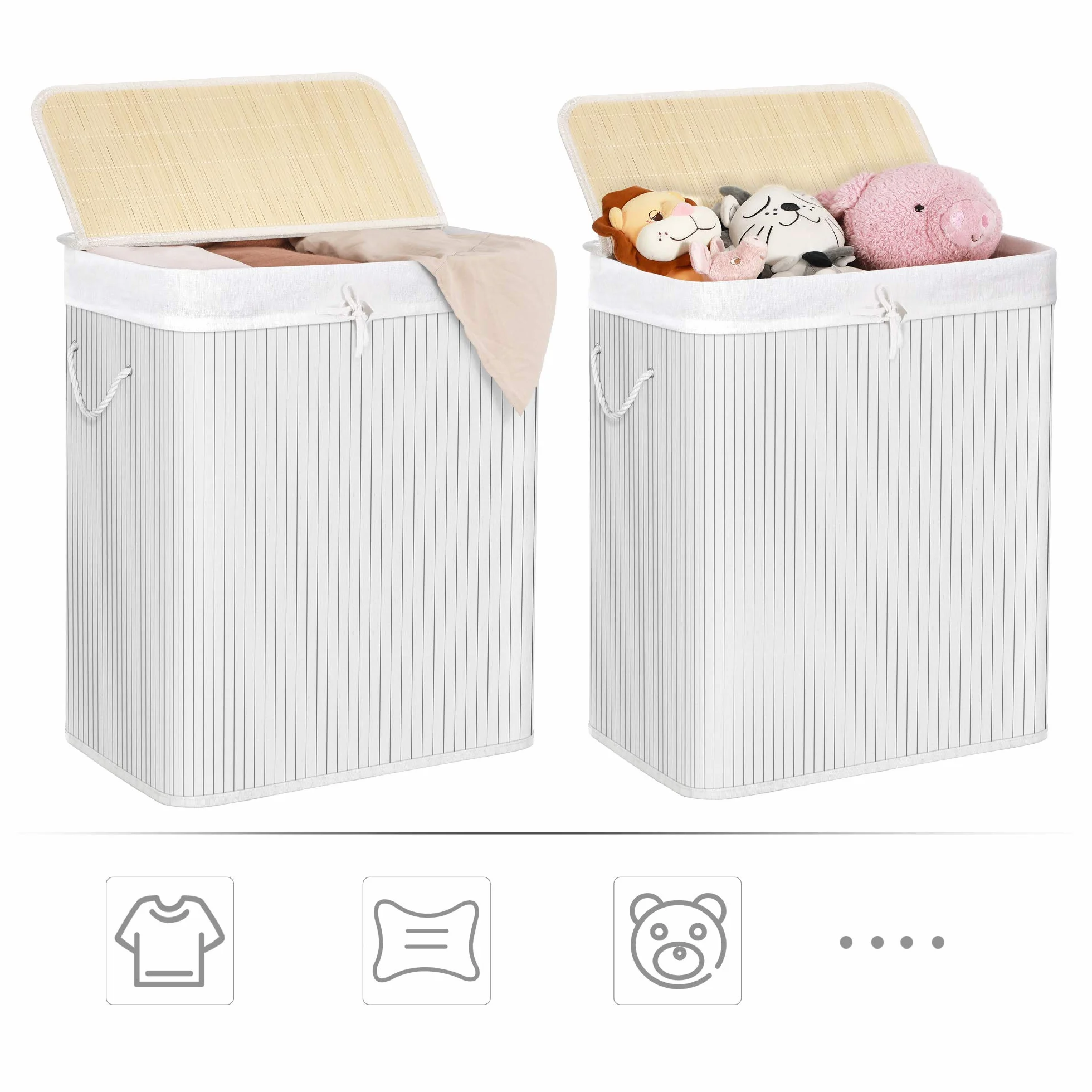 SONGMICS Cesto Portabiancheria, 100 L, Cesta Biancheria a 2 Scomparti in Bambù, Coperchio, Maniglie, Pieghevole, Sacco Rimovibile e Lavabile in Lavatrice, Lavanderia, Casa, Bagno, Bianco LCB64WT