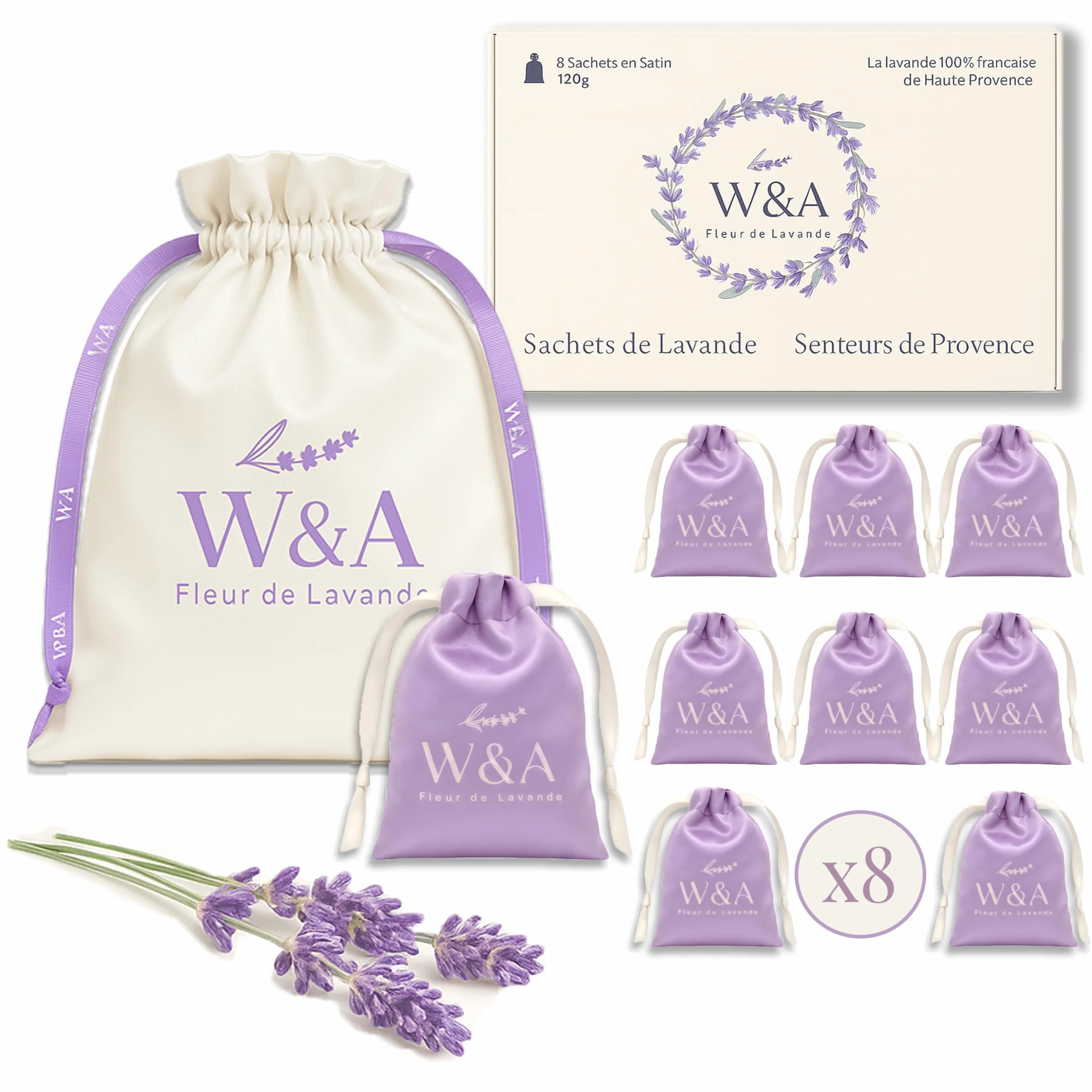 Sacchetti di Lavanda Profumati in Raso (8 pezzi) | Antitarme Naturale | Lavanda di Provenza | Ultima Raccolta | Idea Regalo + Bustina Riutilizzabile | 120g di Fiori (Viola)