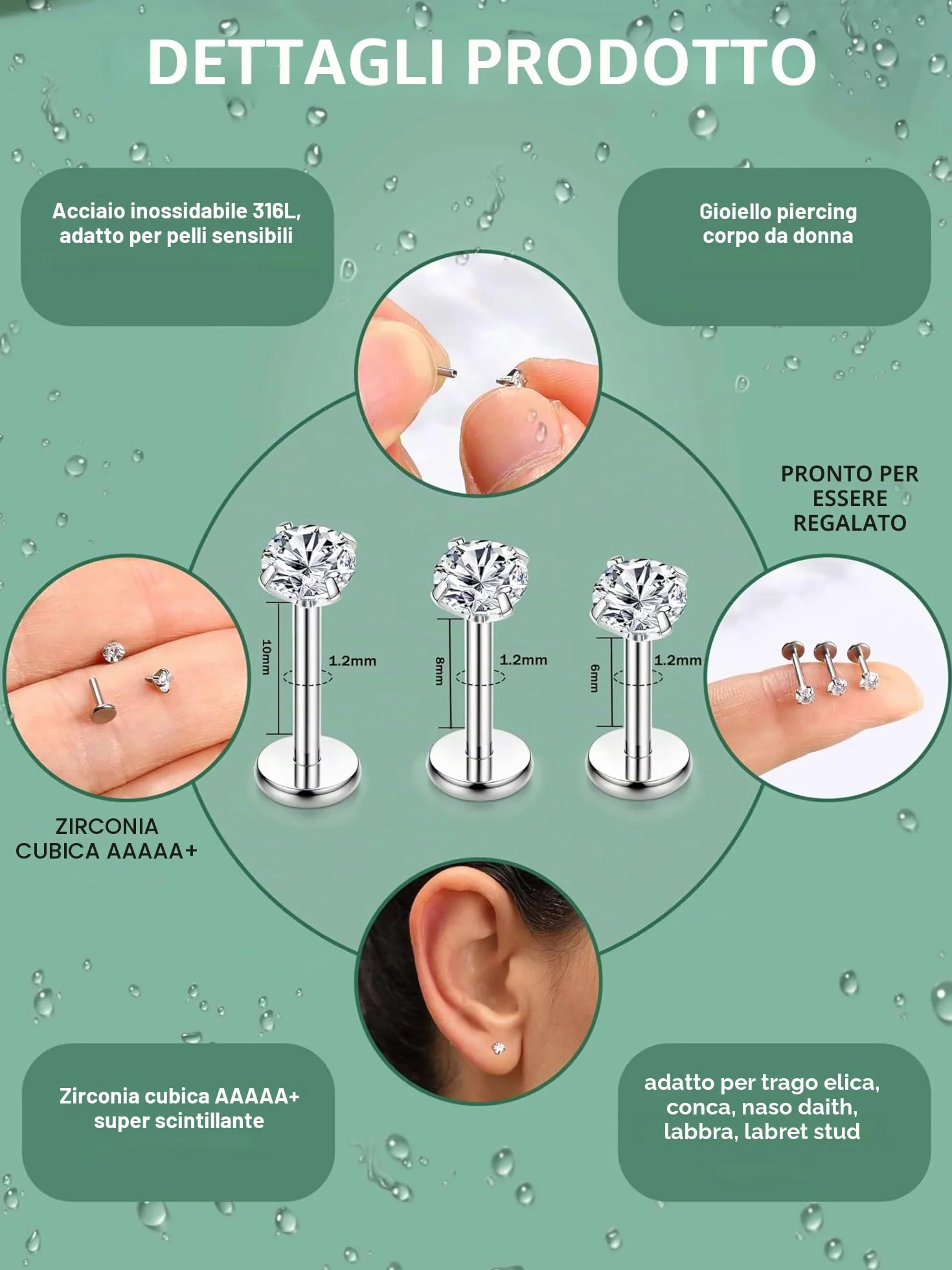 CASSIECA 20Pcs 16G Piercing Labret Acciaio Inossidabile Labbro Trago Helix Conch Naso Cartilagine Orecchini Argento Oro Verticale 6/8/10mm
