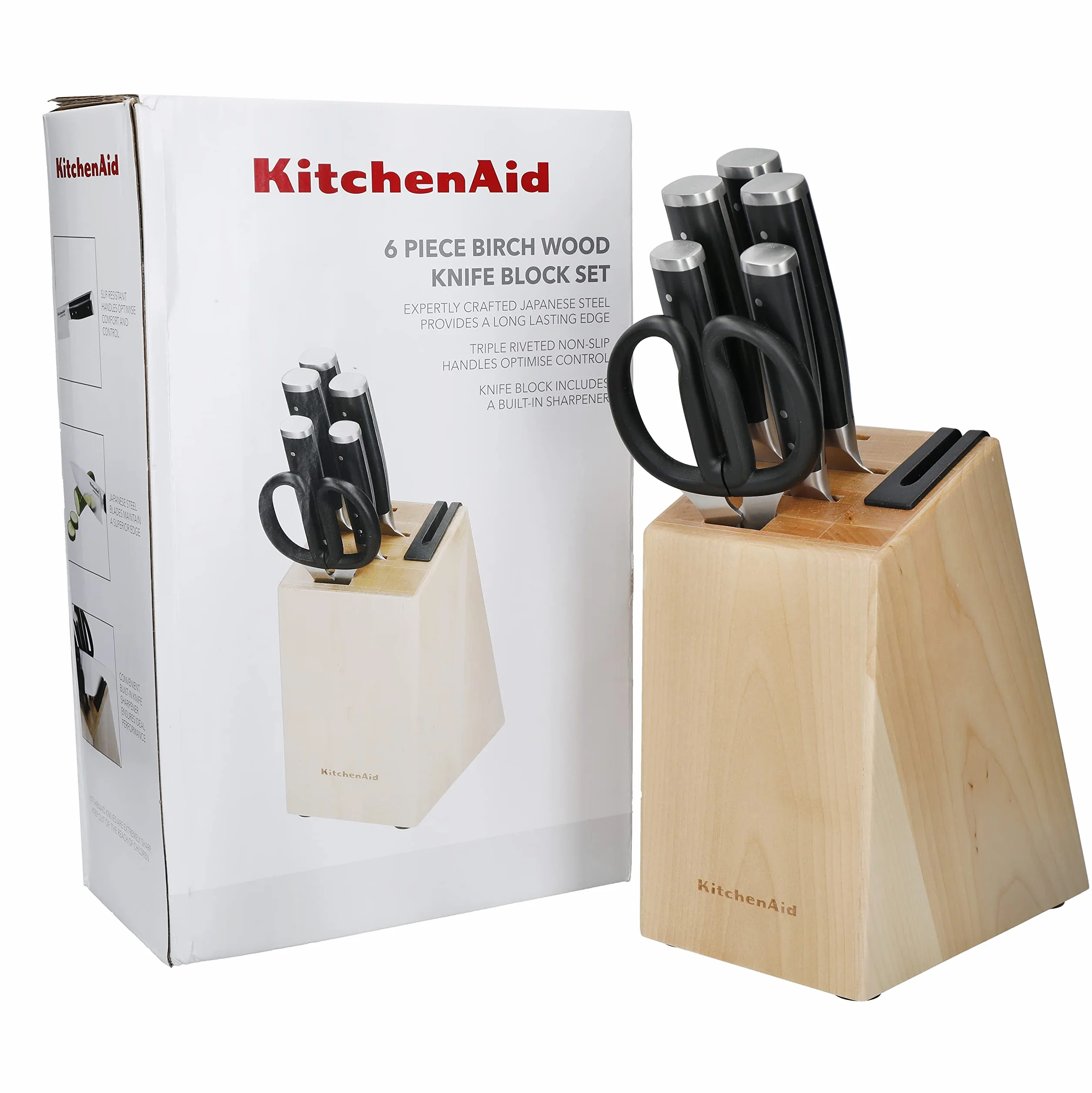 KitchenAid Gourmet Set di coltelli da 6 pezzi con blocco, manici neri, acciaio giapponese - 5 coltelli, forbici e affilatore
