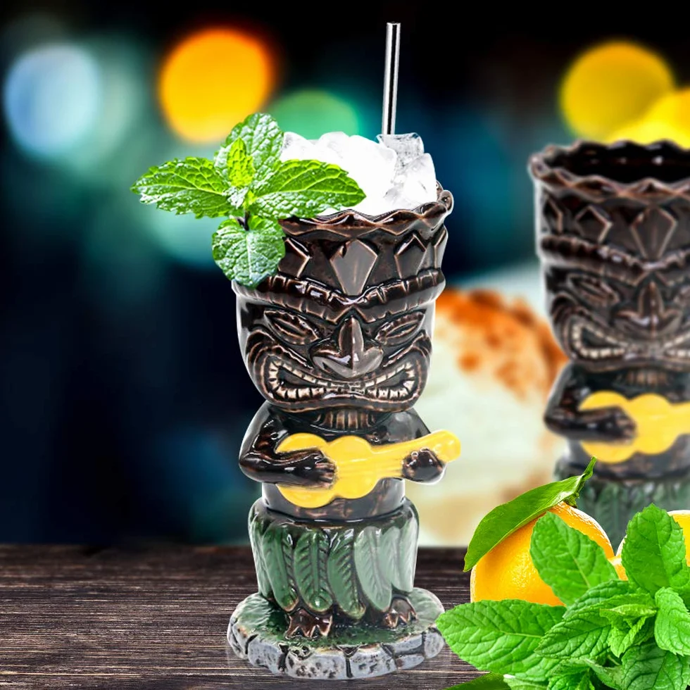 Tiki Bicchieri in Ceramica Set di 4 - Tazze Grandi Cocktail Hawaiian Luau Party Tiki Bar