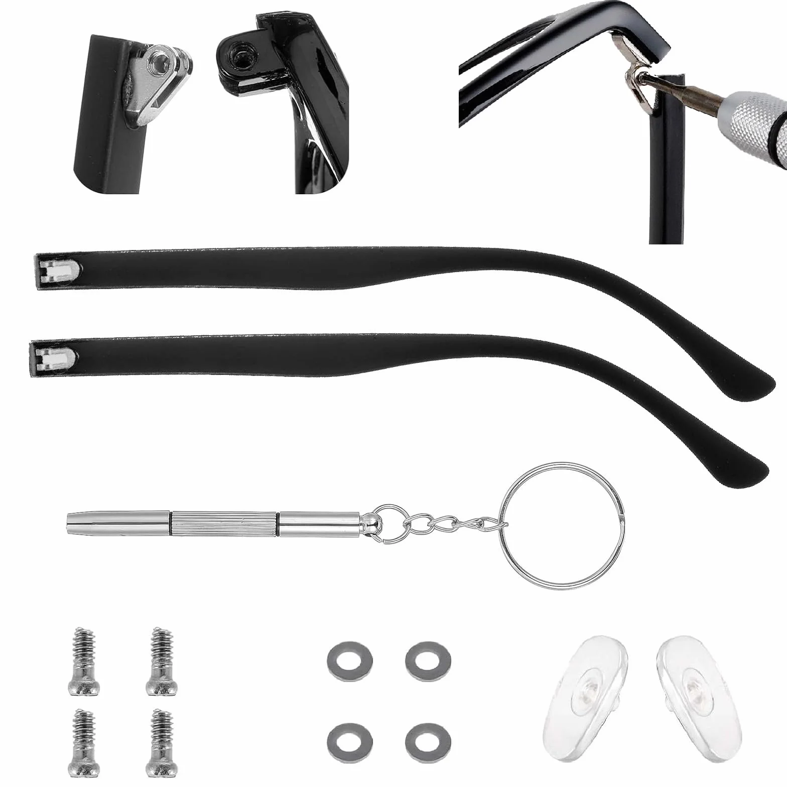 Kit riparazione occhiali aste universali 14 cm cacciavite viti rondelle naselli bracci ricambio plastica leggera