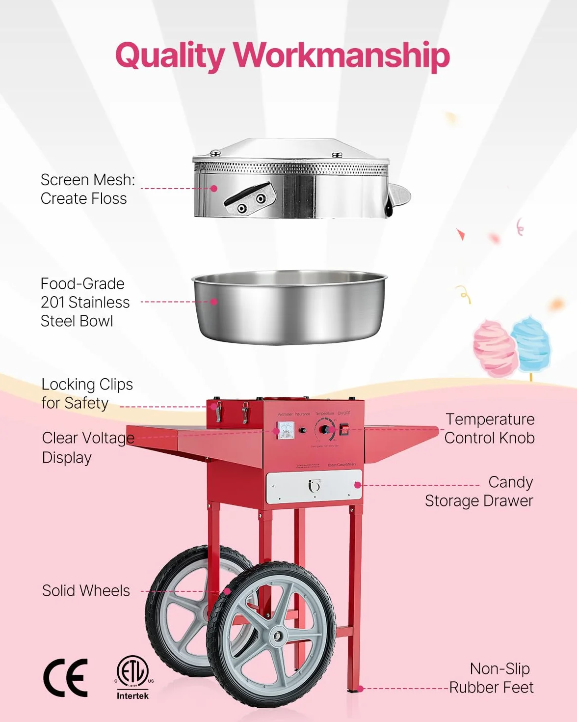 VEVOR Macchina Elettrica per Zucchero Filato con Carrello, Macchina per Zucchero Filato 1000 W con Ciotola in Acciaio Inox 52 cm, Misurino per Zucchero Cassetto, per Compleanni, Feste, Rosso