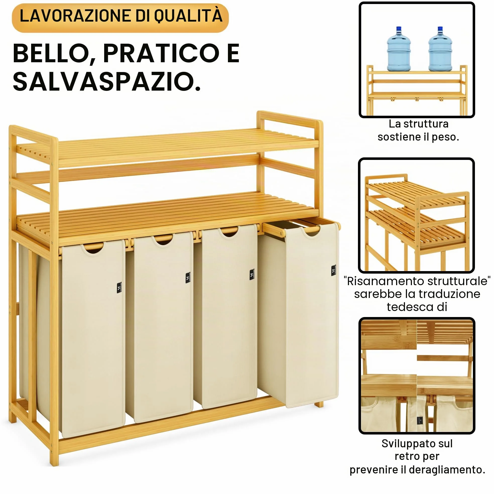 AdelDream Cesto portabiancheria con ripiani 4 scomparti 2 ripiani in bambù estensibile e rimovibile 200L beige