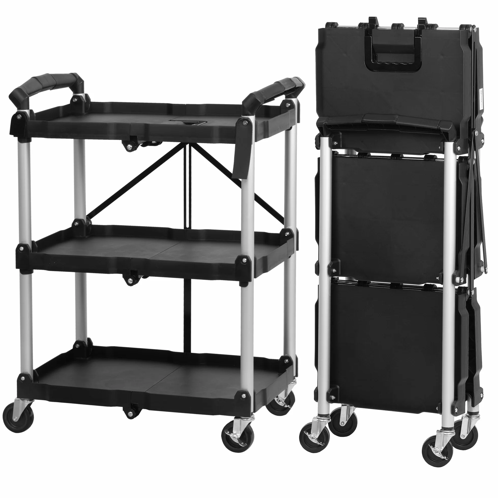 Mahlzeit Carrello di servizio pieghevole con rotelle | 64 x 40,5 x 82 cm, portata fino a 150 kg | ripiano pieghevole a tre livelli, ripiano pieghevole in piedi Ripiano di stoccaggio