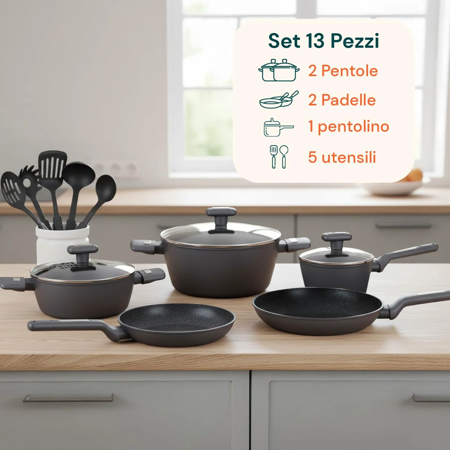 Wintem – Batteria Pentole e Padelle 13 Pezzi Antiaderenti per Cucina Moderna e Tradizionale Compatibile con Piano a Induzione, Rivestimento in Alluminio, Coperchi in Vetro e Manici Ergonomici