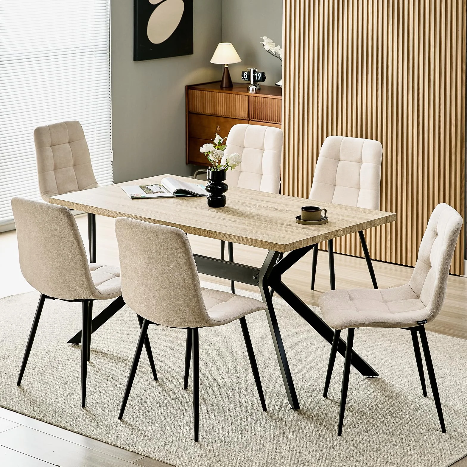 Set Di 4 Sedie Da Pranzo,Sedia Da Cucina Con Piedi In Metallo Nero,Sedie Imbottite Con Tessuto Di Lino,Sedia Da Camera Da Letto Salotto Soggiorno,Beige
