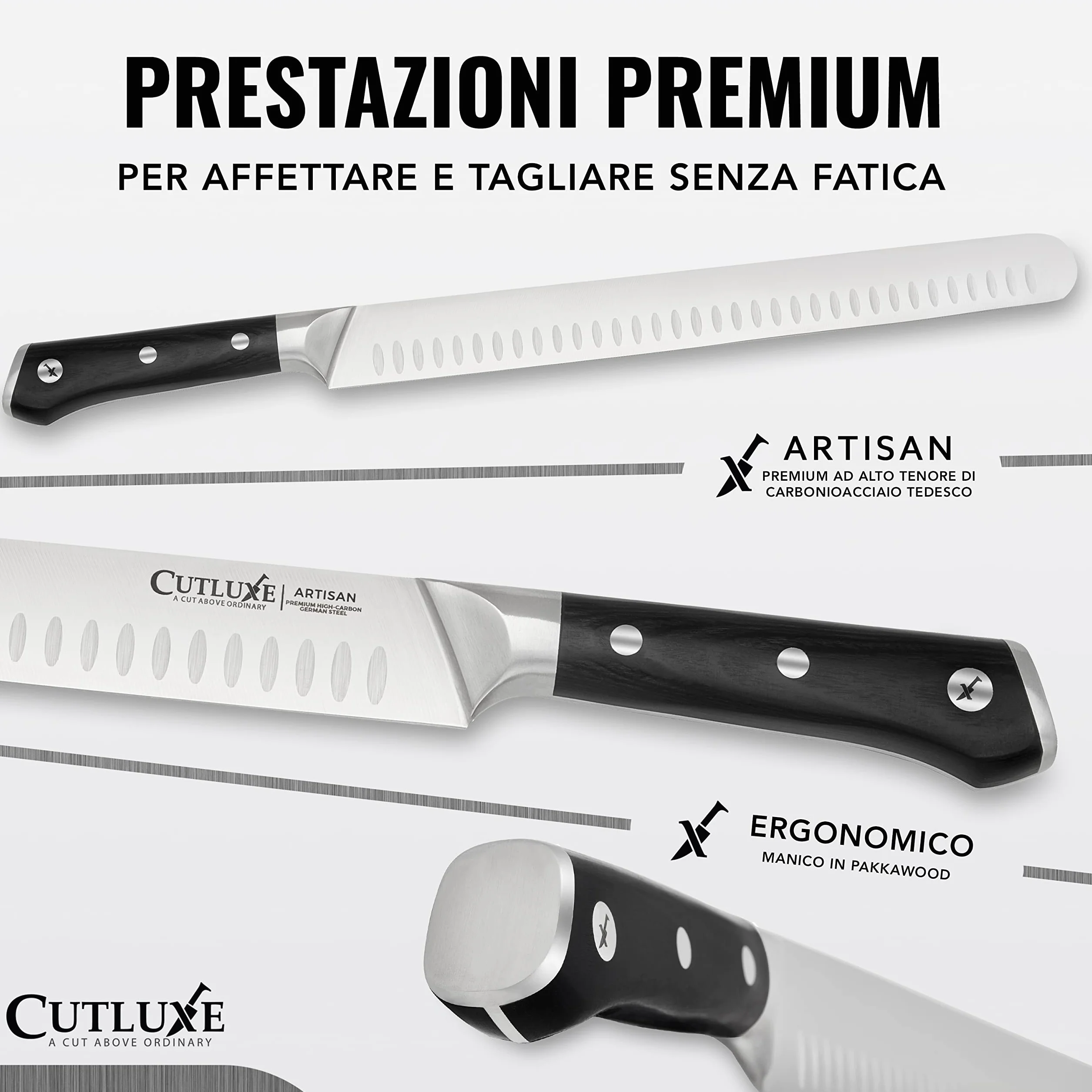 Cutluxe Coltello da Prosciutto Professionale - 30cm Coltello per Affettare Salumi e Carne - Acciaio al Carbonio, Lama Affilata e Resistente con fodero - Artisan Series