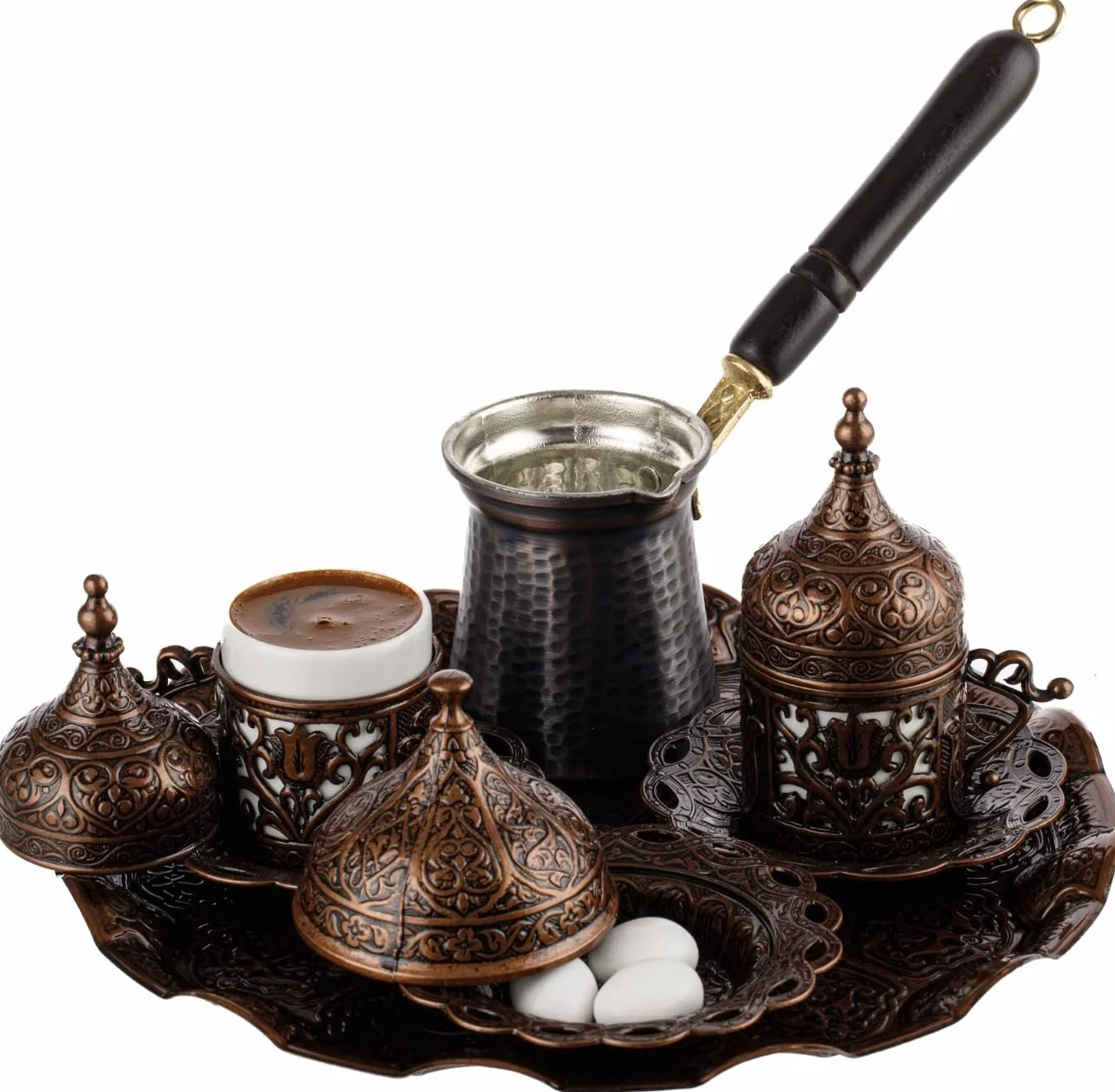 DEMMEX Set da Caffè Turco da 12 Pezzi con Cezve in Rame – Tazzine, Portatazze, Piattini, Zuccheriera e Vassoio – Elegante Set Artigianale per 2 Persone, Antico