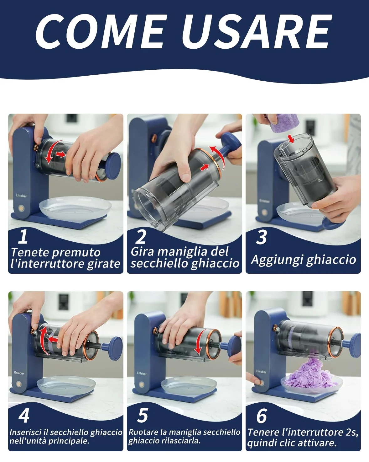 Enleber Tritaghiaccio Elettrico,Tritaghiaccio per Granite e Macchina per Granita,Macchina del Ghiaccio Ideale per Granite,Cocktail e Sorbetti -Blu Scuro