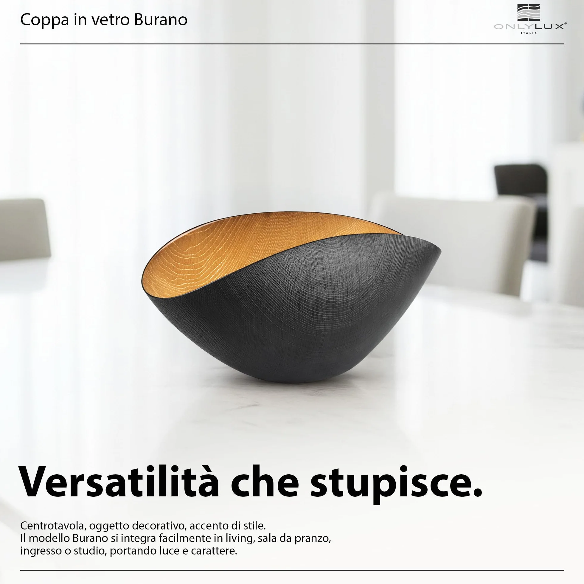Onlylux Coppa Burano in Vetro Centrifugato Decorato a Mano - Centrotavola Decorativo 28 x 9,5 cm - Coppa in Vetro Artigianale per Arredo Casa - Nero Mat Oro