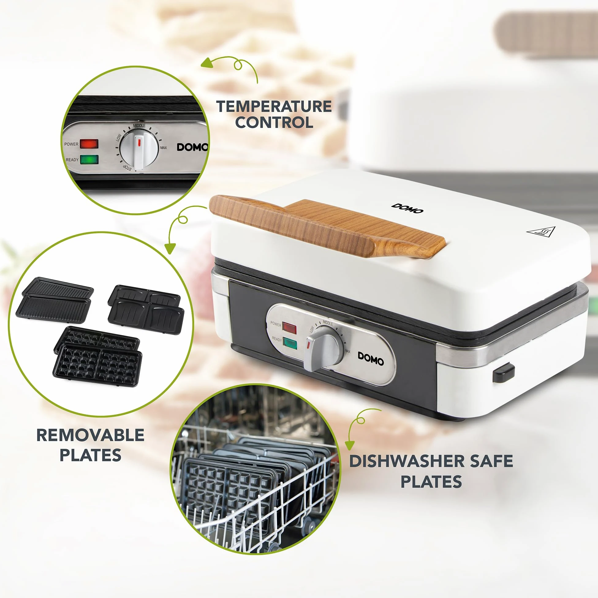 DOMO DO9277C Snack macher 3 in 1 – Sandwichmaker – Piastra per waffle – Griglia a contatto – 1100 W – Bianco