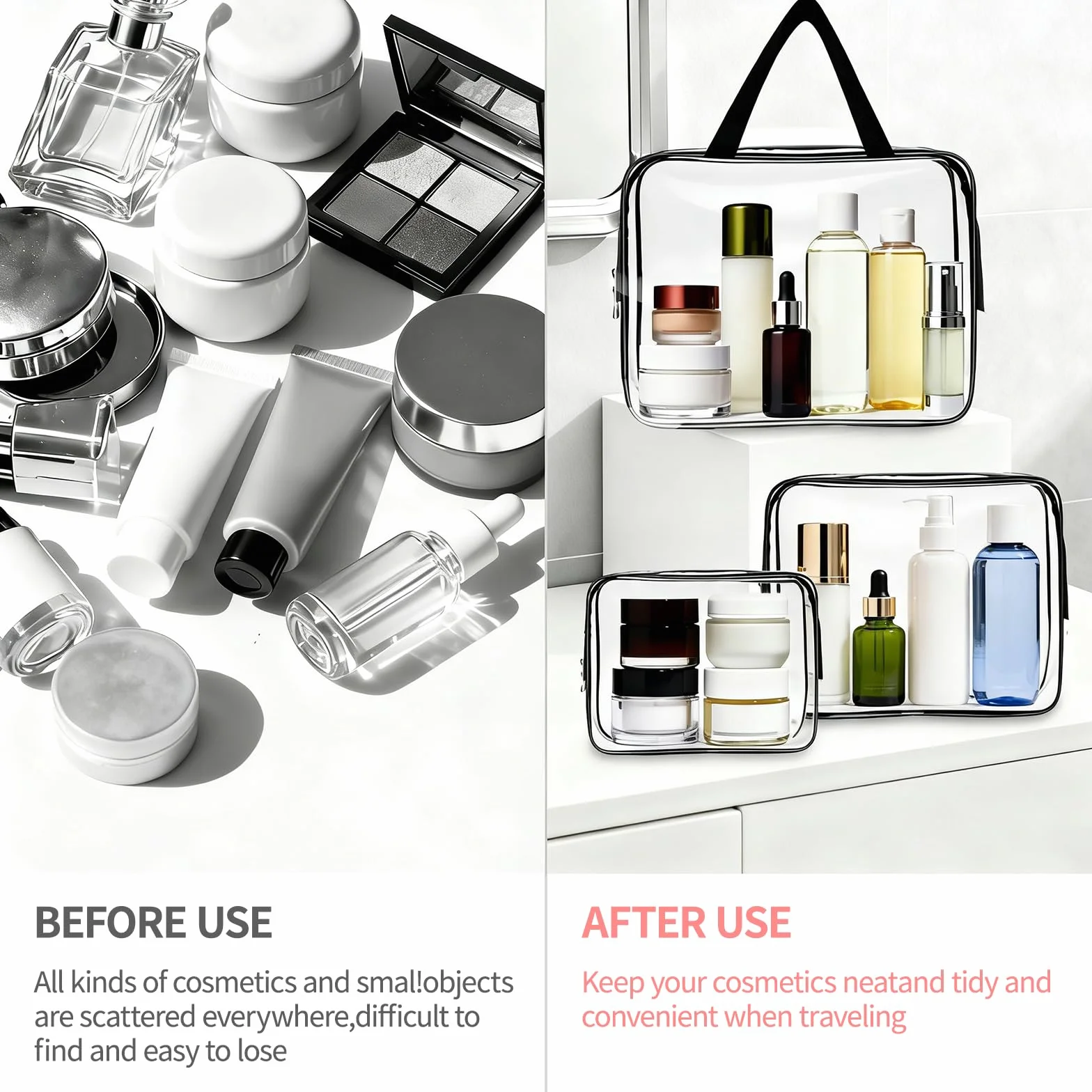 Beauty Case Trasparente, Borse da Viaggio Impermeabile, 3 Pezzi Borsa da Toilette Contenitori Cosmetici con Zip, Set Buste per Trasporto Trousse con Maniglia, per Bagno e Viaggio