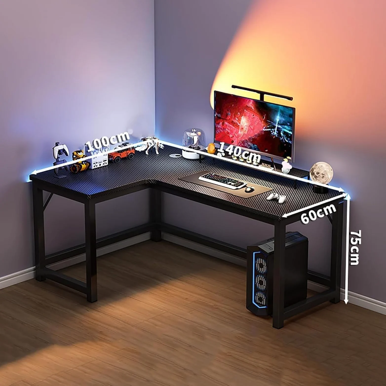Tavolo per Computer Tipo L, Grande Scrivania Esecutiva, Finitura in Fibra di Carbonio, Base Tipo H, Gestione del Cavo, Capacità 100kg, Tavolo da Gioco Angolare Destro, 140 * 100cm