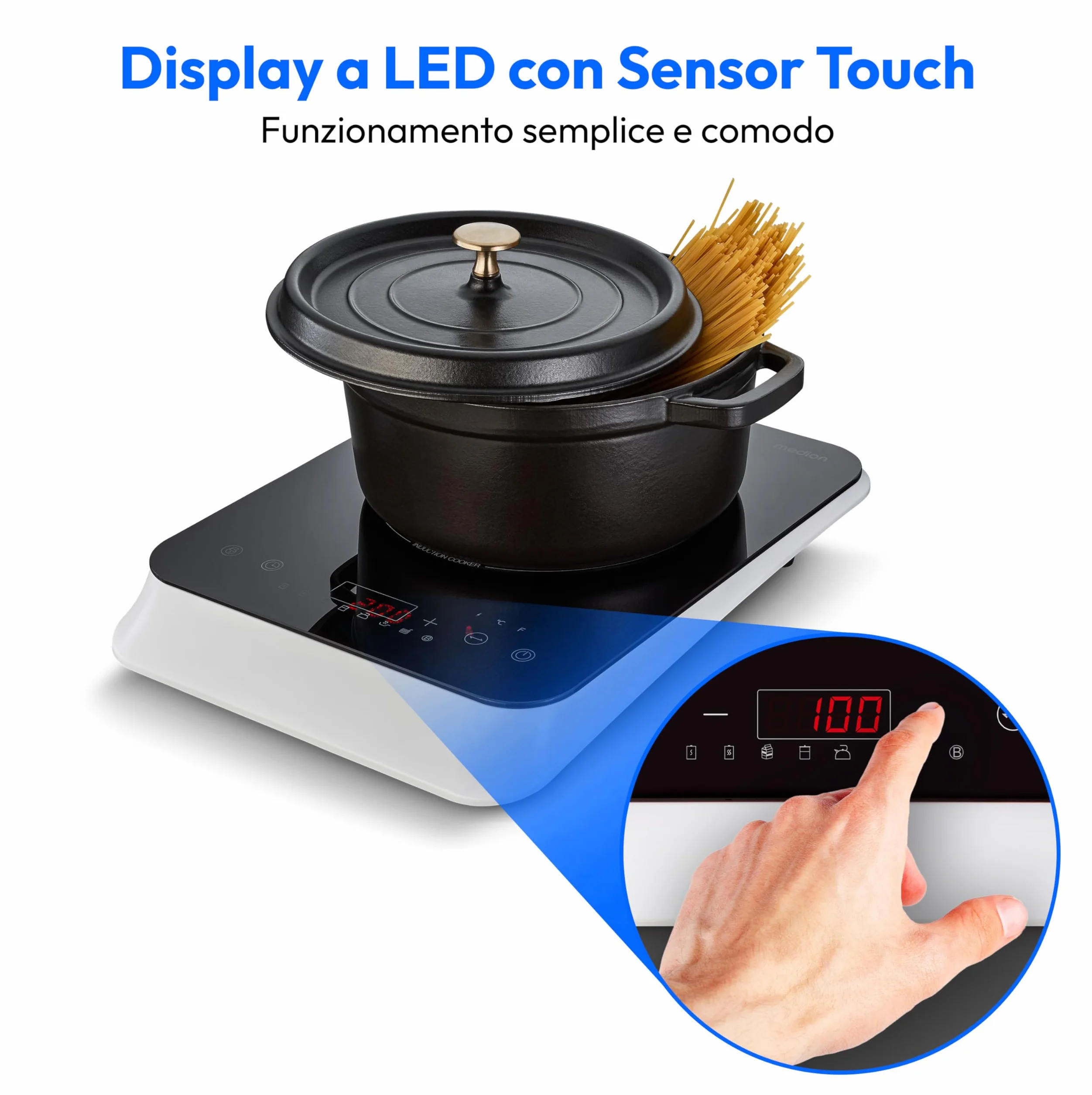 Piano di cottura a induzione MEDION (singolo, 2000 watt, piano di cottura a induzione, 8 programmi automatici, rilevamento automatico delle pentole, sensor touch, display LED