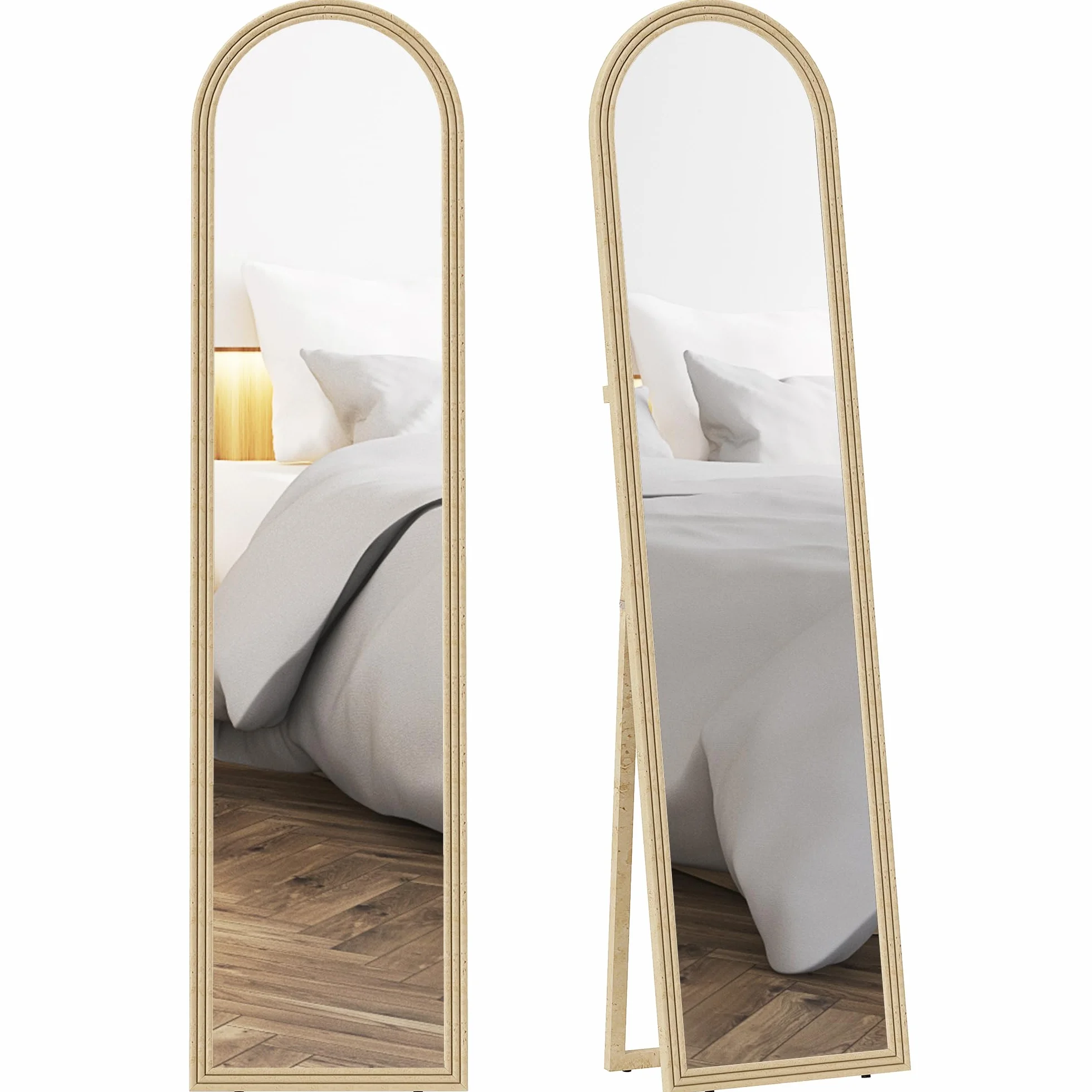 HOMCOM Specchio da Terra Moderno a Figura Intera, 40x160 cm Specchio da Parete e Autoportante ad Arco con Cavalletto Effetto Pietra, per Camera da Letto, Soggiorno e Ingresso, Beige