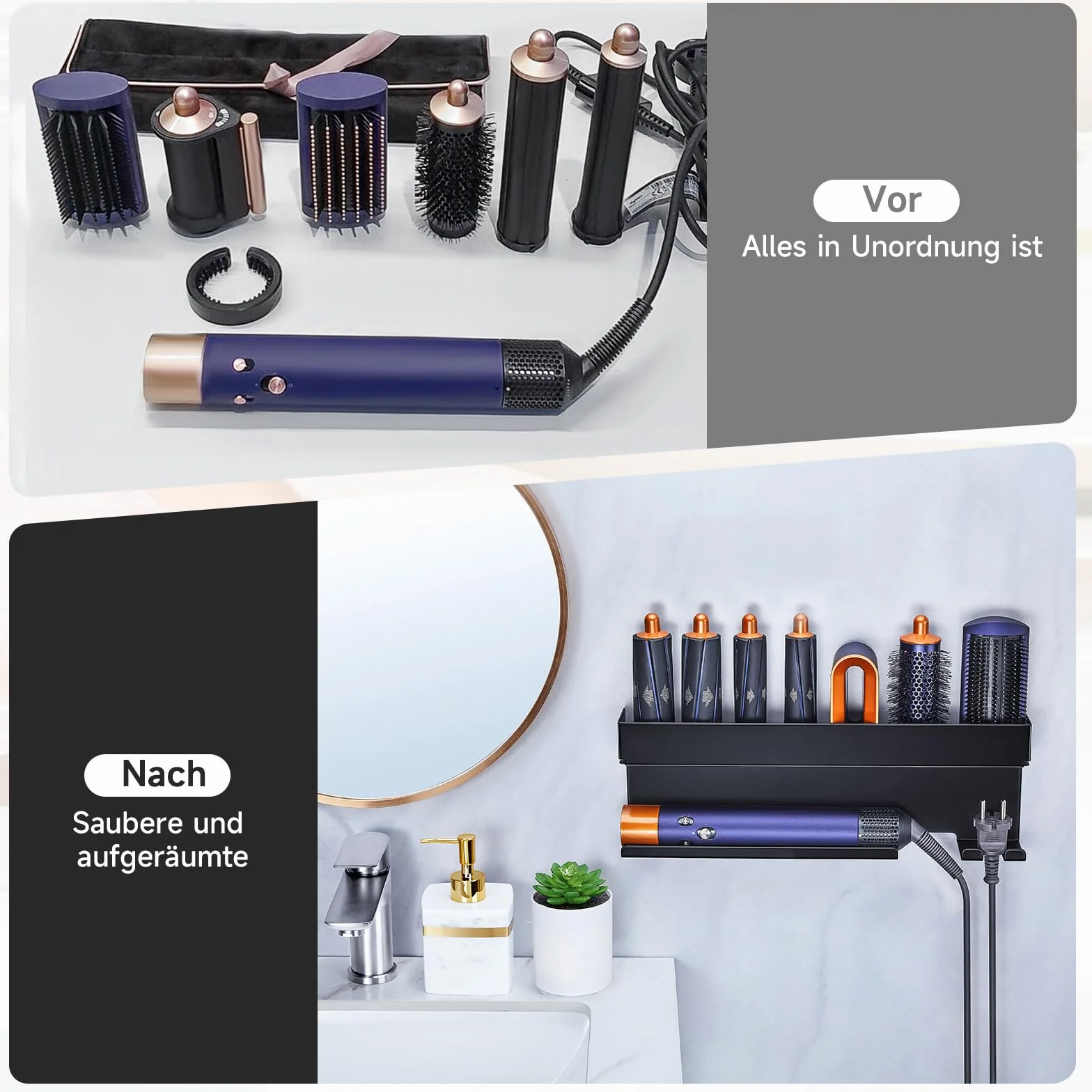 YYBO Supporto Asciugacapelli da Parete, Porta Phon da Muro Adesivo per Asciugacapelli Accessori Styler Curling Device, Porta Phon e Piastra per Camera da Letto, Bagno (Nero)