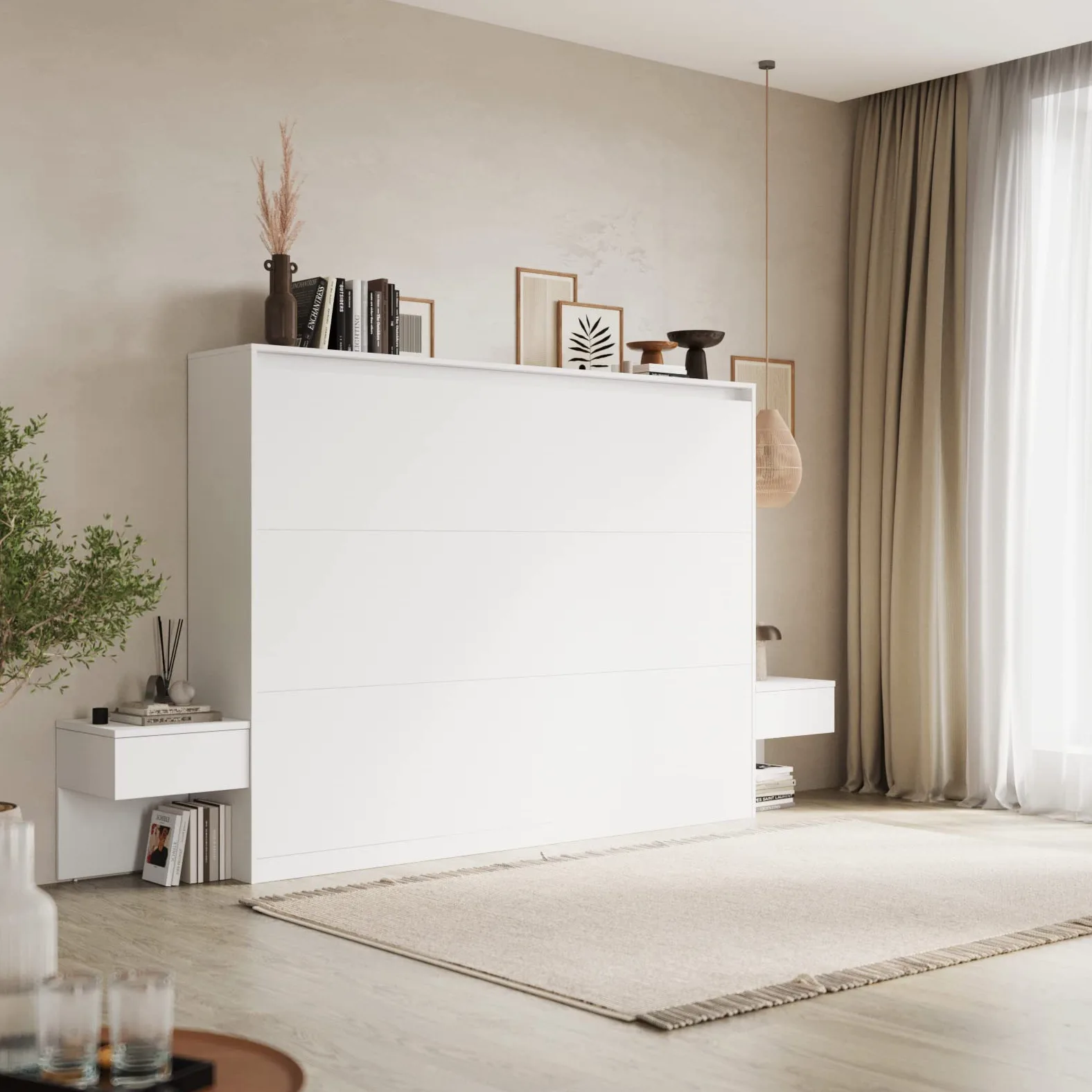 SMARTBett Set Letto a Scomparsa Classico Orizzontale 160x200 con 2 Comodini Bianchi
