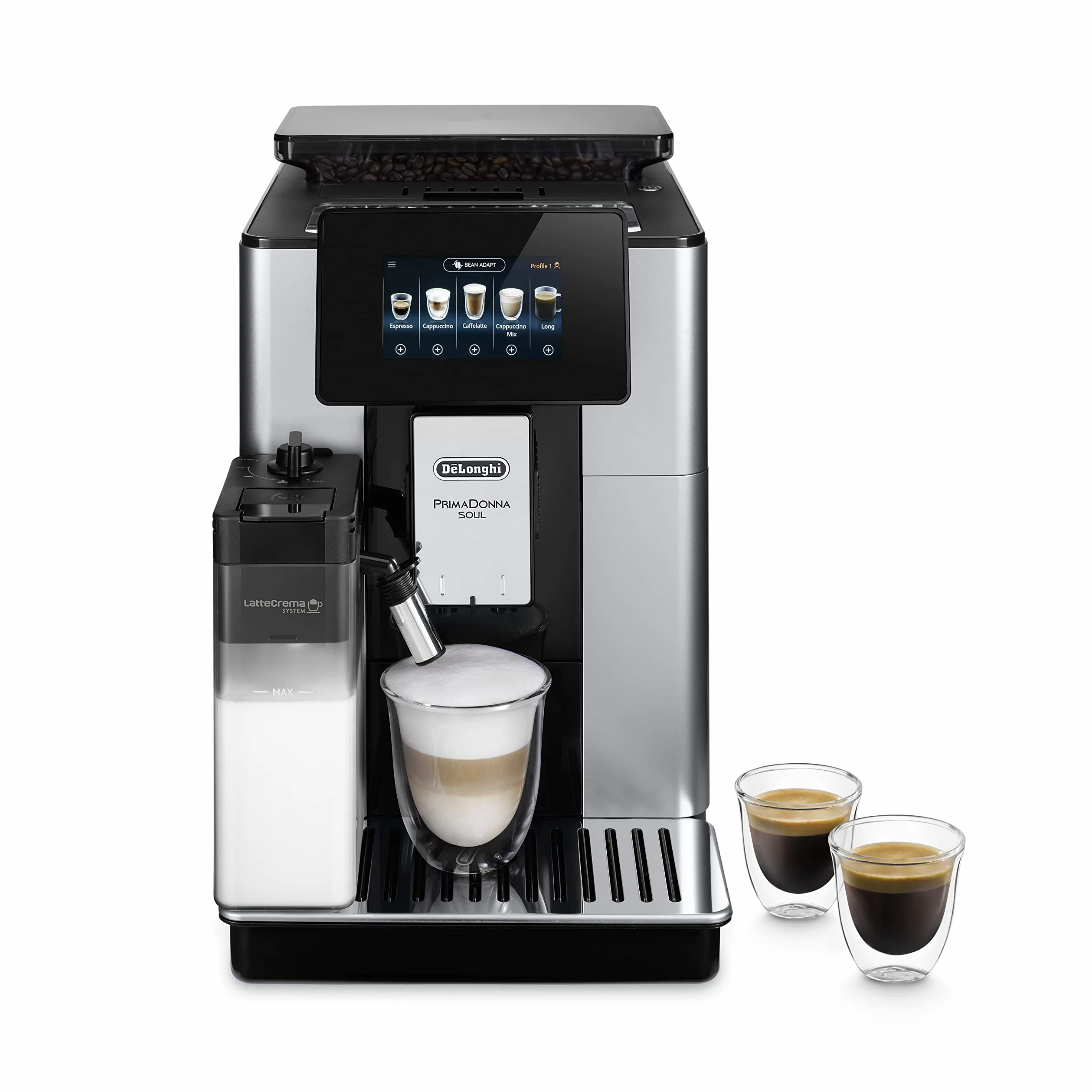 De’Longhi PrimaDonna Soul – Perfetto Macchina da Caffè Automatica, LatteCrema Montalatte Automatico, 18 Bevande in un Solo Tocco, Display Full-Touch, Argento e Nero (ECAM612.55.SB)