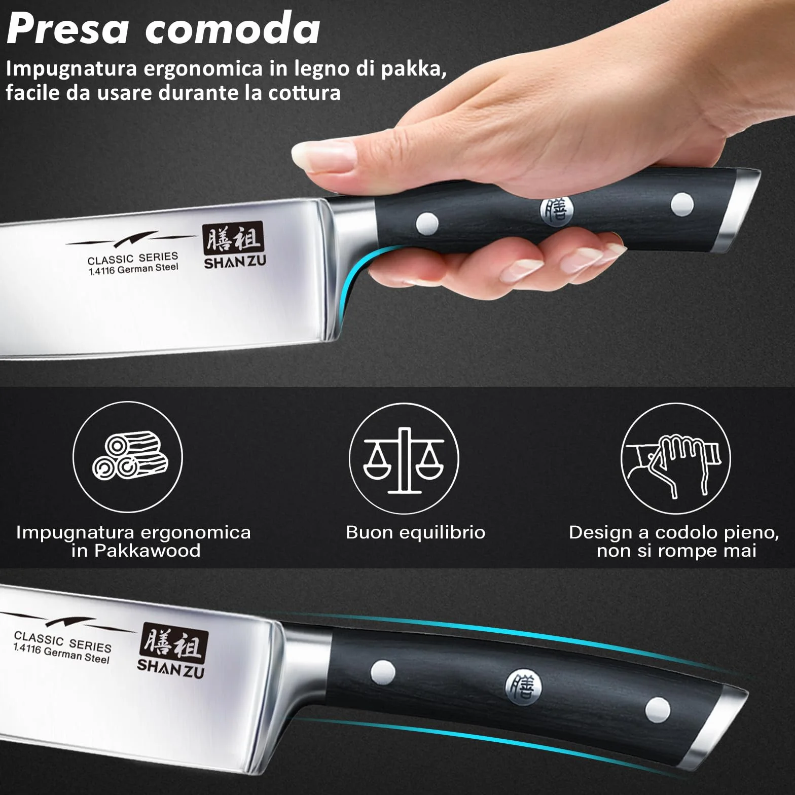 SHAN ZU Set di Coltelli da Cucina 3 Pezzi Acciaio Inox Ultra Affilati 20 cm 15 cm 9,5 cm