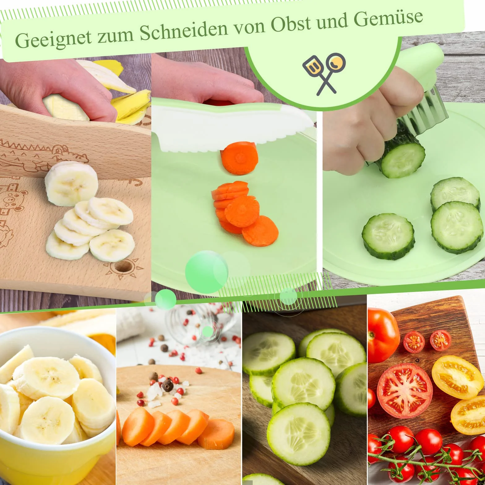Set di 7 coltelli da cucina per bambini per tagliare e cucinare frutta o verdura, con coltello in legno, tagliere, pelapatate, piccolo tagliere per bambini