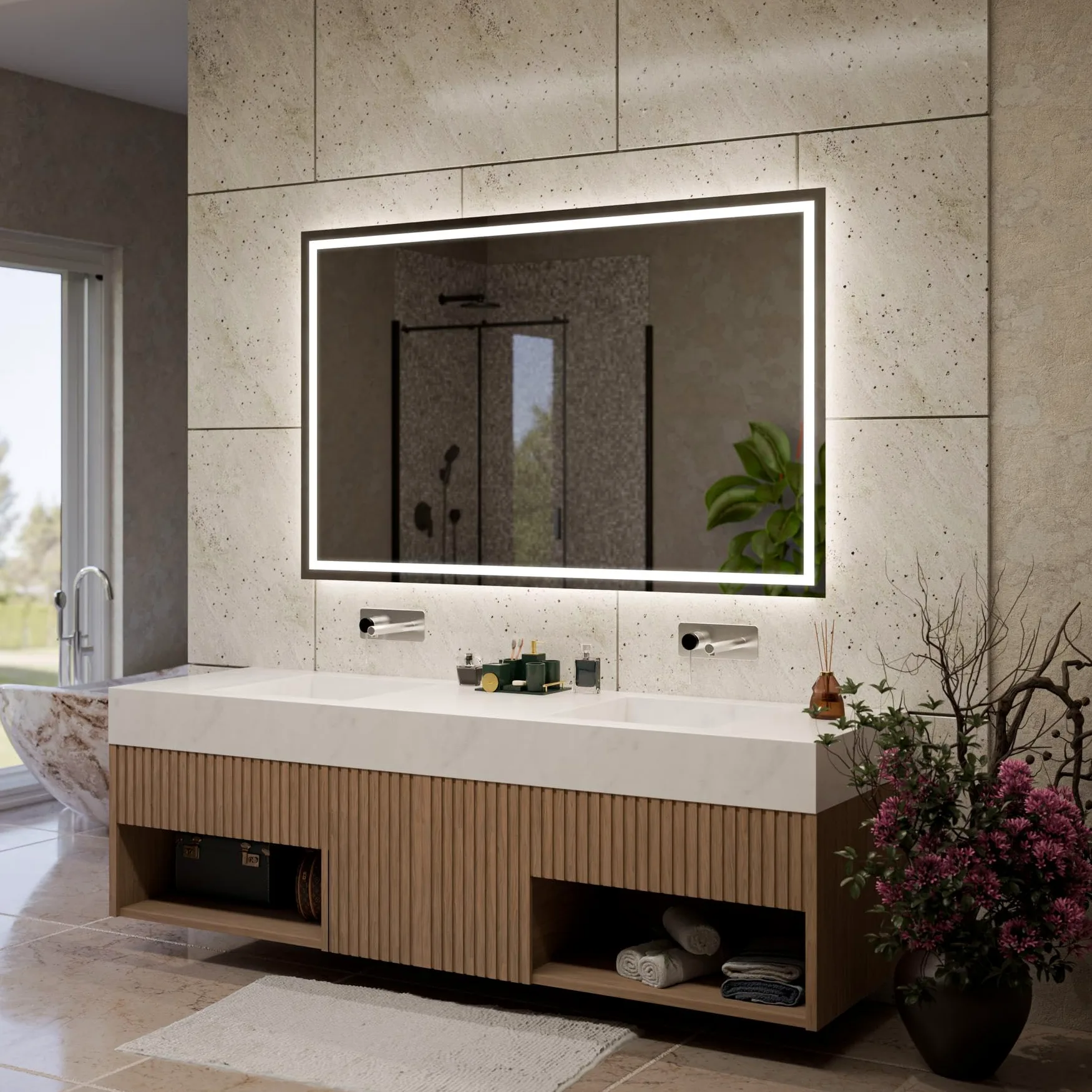 Atlanta Specchio Bagno LED 110x90cm Antiappannamento, Retroilluminato, Personalizzabile, Rettangolare, Selezione Colore Luce