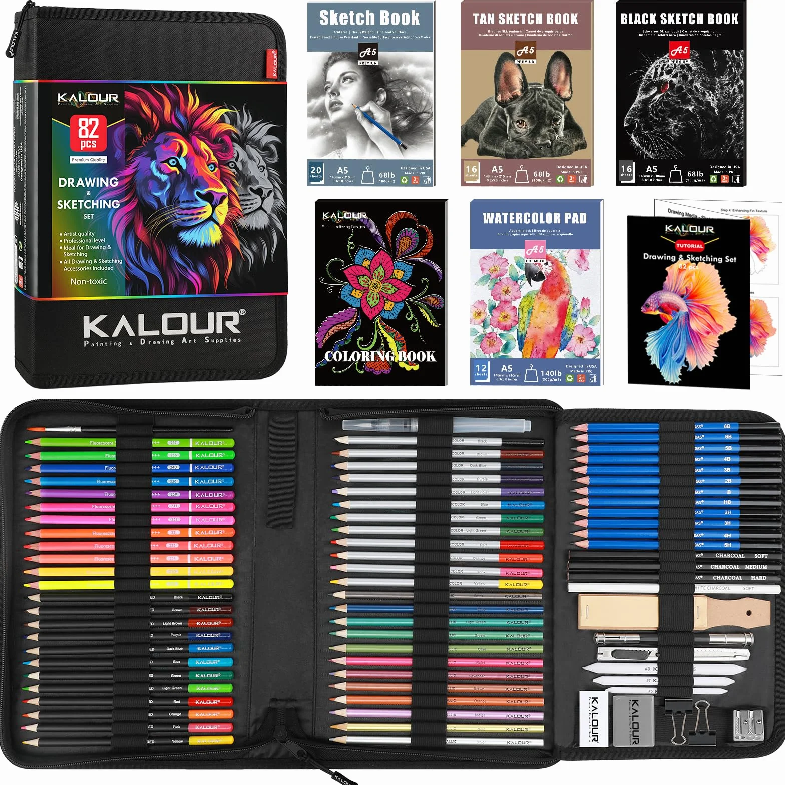 KALOUR PDAS 82 Set da disegno Kit per schizzi, Forniture artistiche professionali con matite fluorescenti, colorate, acquerellabili, metalliche, in grafite, carboncino,5 album da disegno e da colorare
