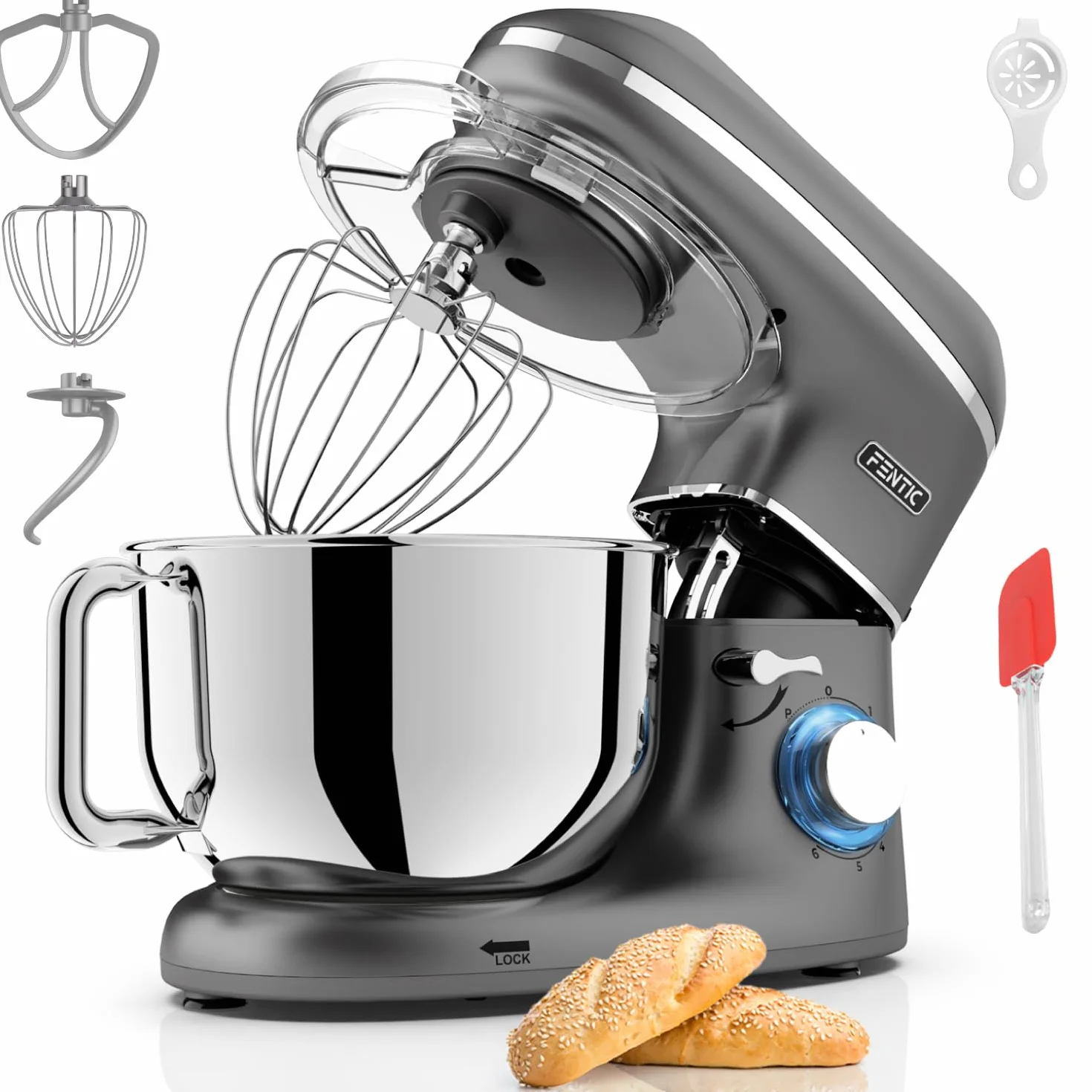 Impastatrice Planetaria - 2000W - Ciotola in Acciaio Inossidabile (6,2 L) - Impastatrice con Frusta, Gancio Impastare e Mescolatore - Inclusa e accessori extra - Antracite