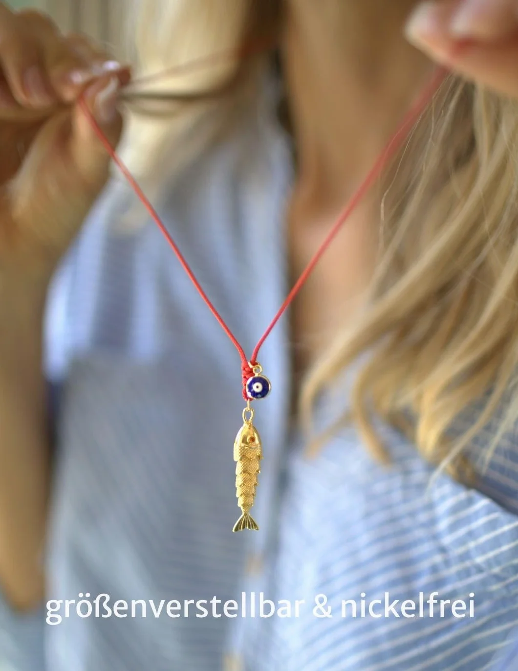 Collana estiva da donna nastro rosso con ciondolo pesce e occhio portafortuna fatta a mano Germania