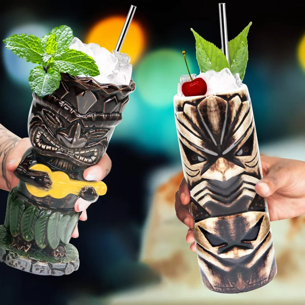 Tiki Bicchieri in Ceramica Set di 4 - Tazze Grandi Cocktail Hawaiian Luau Party Tiki Bar