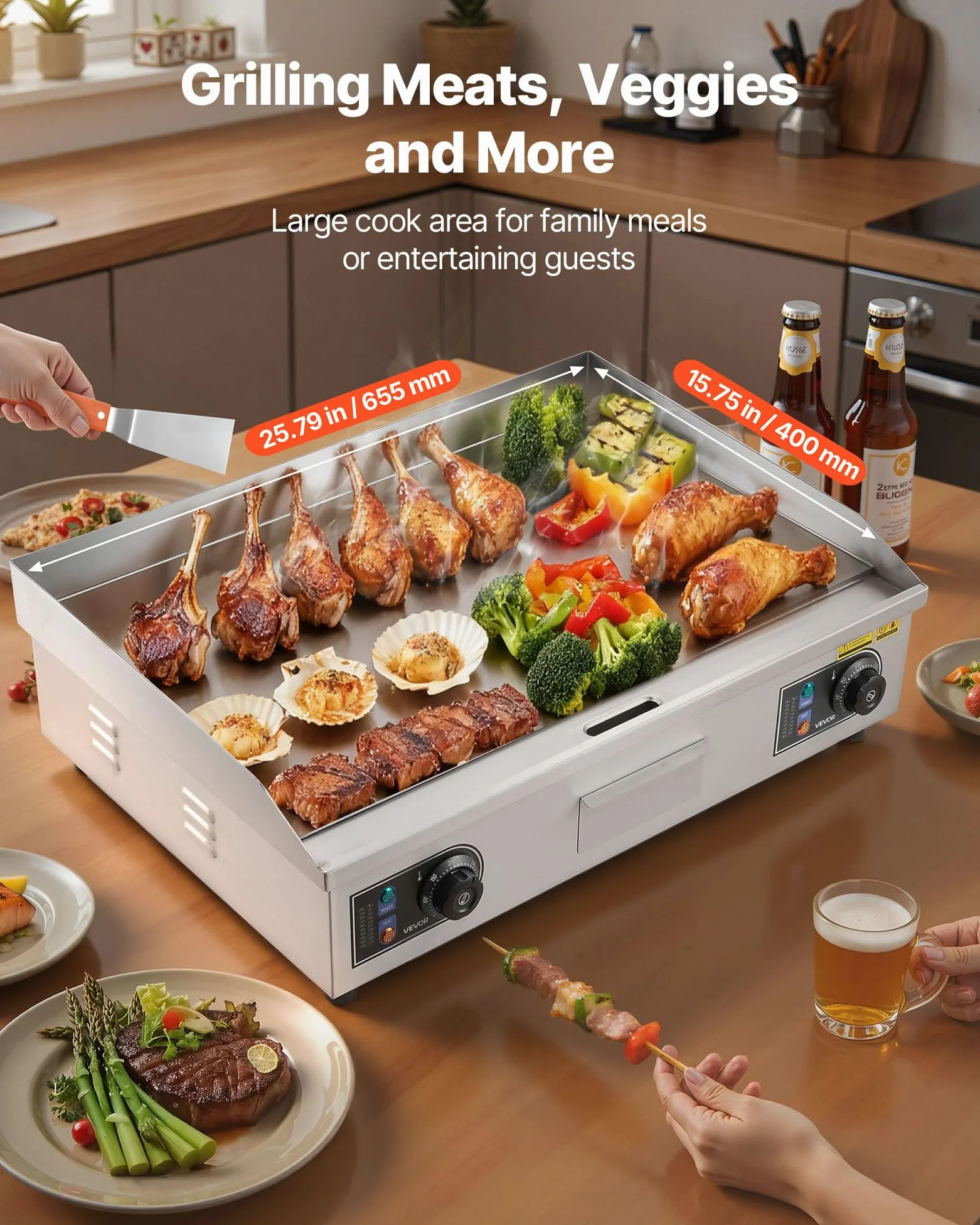 VEVOR Piastra per BBQ Elettrica Commerciale 655 x 400 mm 4000 W, Temperatura Regolabile, Griglia Piatta da Banco per Cottura BBQ Carne, Griglia da Banco con Accessori per Bistecche, Senza Spina