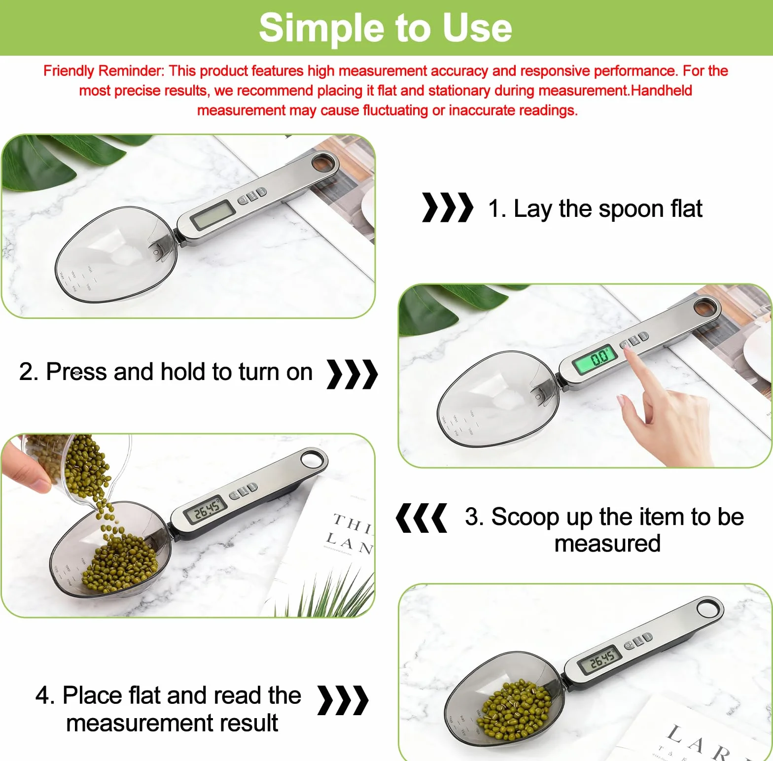 Cucchiaio bilancia digitale precisione misure da 0,1g a 500g 2 testa a cucchiaio diverse electronic spoon scale multifunzionale con diverse unità di misura frontale in acciaio inossidabile argentato