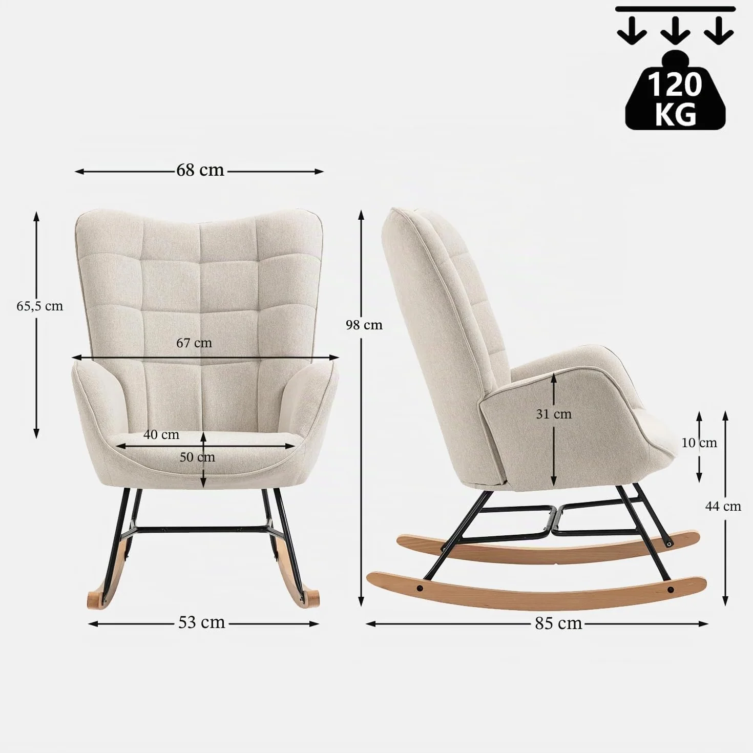 MEUBLE COSY Sedia a Dondolo Poltrona Imbottita Relax con Braccioli Schienale Alto per Soggiorno Cameretta in Tessuto con Gambe in Legno