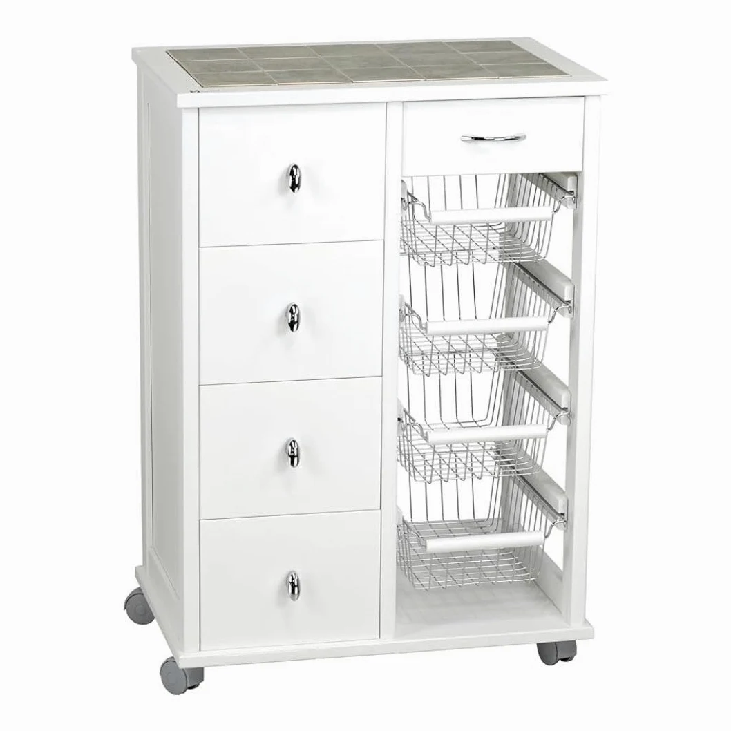 Carrello Cassettiera Multiuso - 5 Cassetti, 4 Cestelli in Metallo, Struttura in Legno Faggio, Piano Mattonelle in Ceramica, Ruote in Plastica Gommata, Made in Italy - 85x59x39 cm (Bianco)
