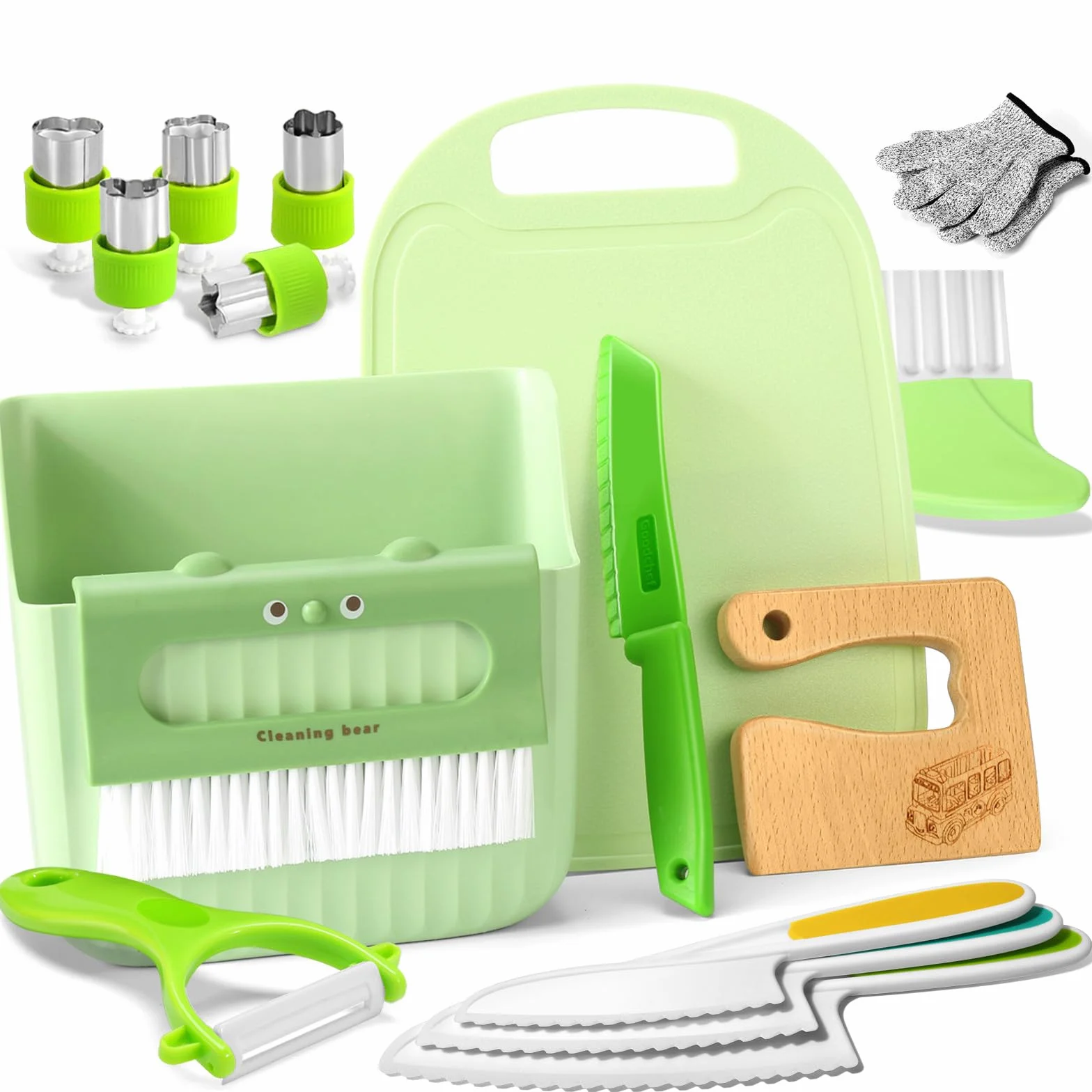 Goodchef Coltelli per bambini Set di coltelli da cucina per bambini da 15 pezzi per tagliare e cucinare frutta e verdura, adatti ai più piccoli, include un pelapatate in legno (bus da viaggio)