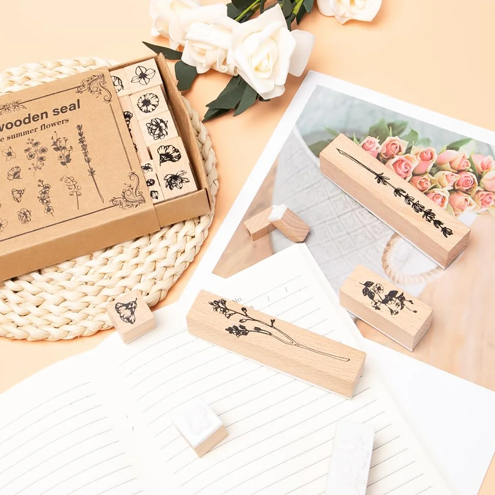 22 Pezzi Timbri in Legno per Scrapbooking - Fiori e Foglie in Gomma - per Disegni, Lettere, Cartoline, Album