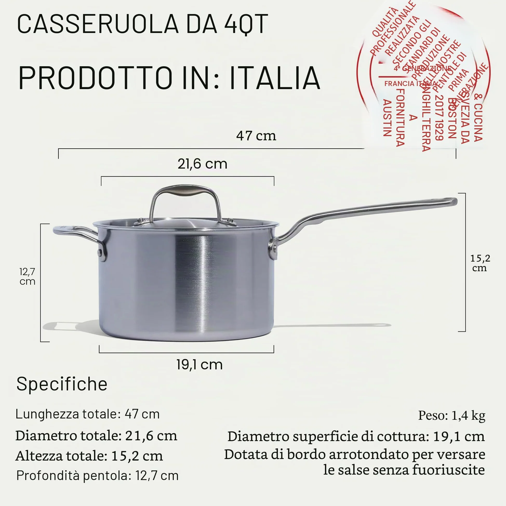 Made In Cookware - 4 Quarti Casseruola in acciaio inossidabile con coperchio - Prodotto in Italia - Pentola per salse rivestita in acciaio inossidabile a 5 strati - Pentole professionali