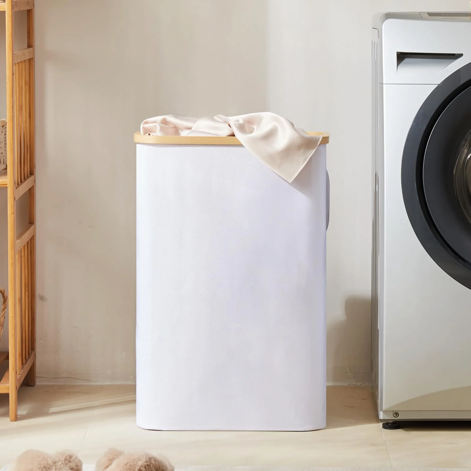 YOUDENOVA - Cesto portabiancheria con coperchio, 48 l, stretto, con sacco grande per la biancheria, pieghevole, in legno di bambù, bianco