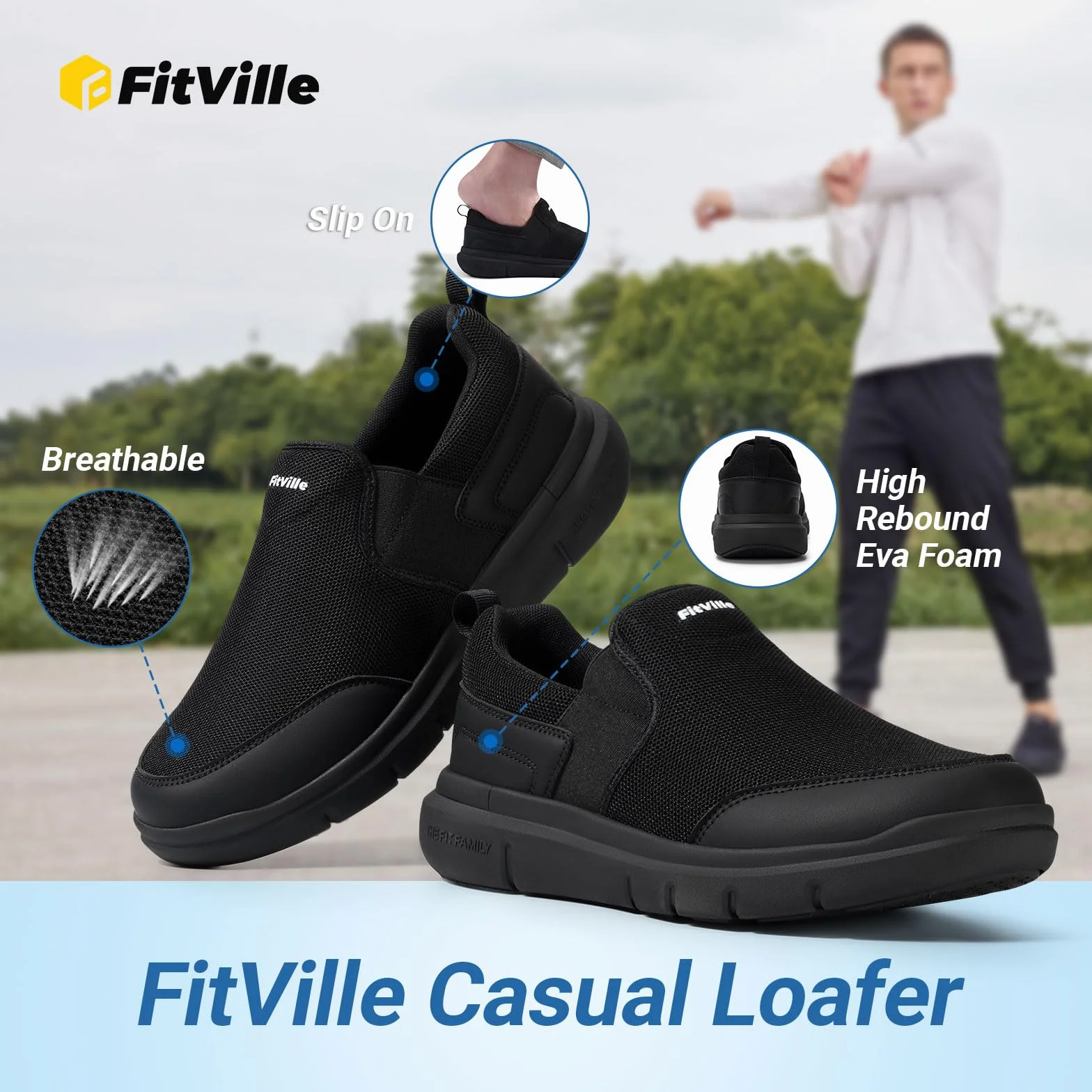FitVille Scarpe Uomo per Camminata Antiscivolo Slip-on Casual Sneaker Senza Lacci Scarpe da Esterno Comode Leggere e Traspiranti a Pianta Larga