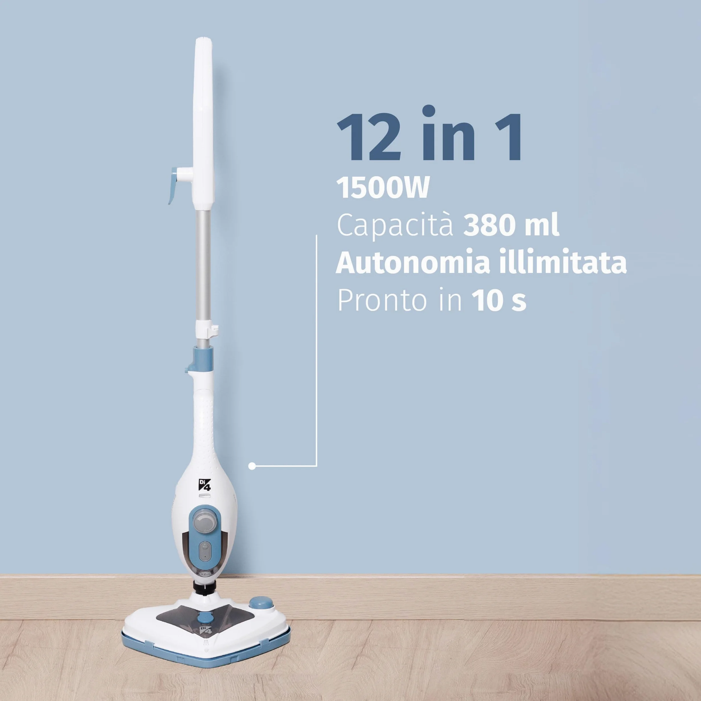 Di4 SteamClean Multi 12 ProMax, Lavapavimenti a Vapore Multifunzione 12 in 1, 1500W, Elimina 99,9% di Virus e Batteri, Scopa Vapore ECO, Steam Cleaner per tutta la casa, Pulitore Vetri, Pulisci Divano