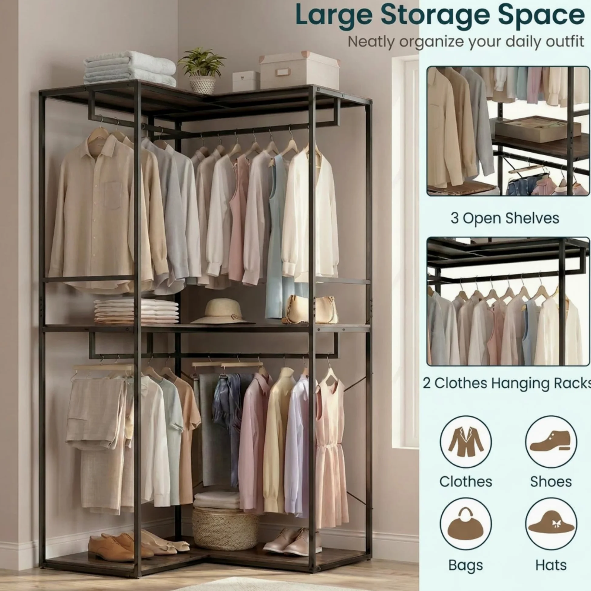 HOMASIS Stand Appendiabiti Angolare, Attaccapanni da Terra con 3 Ripiani Aperti, 4 Barre Portabiti, Guardaroba Industriale con Struttura in Metallo per Ingresso e Camera da Letto, 100 x 100 x 200 cm